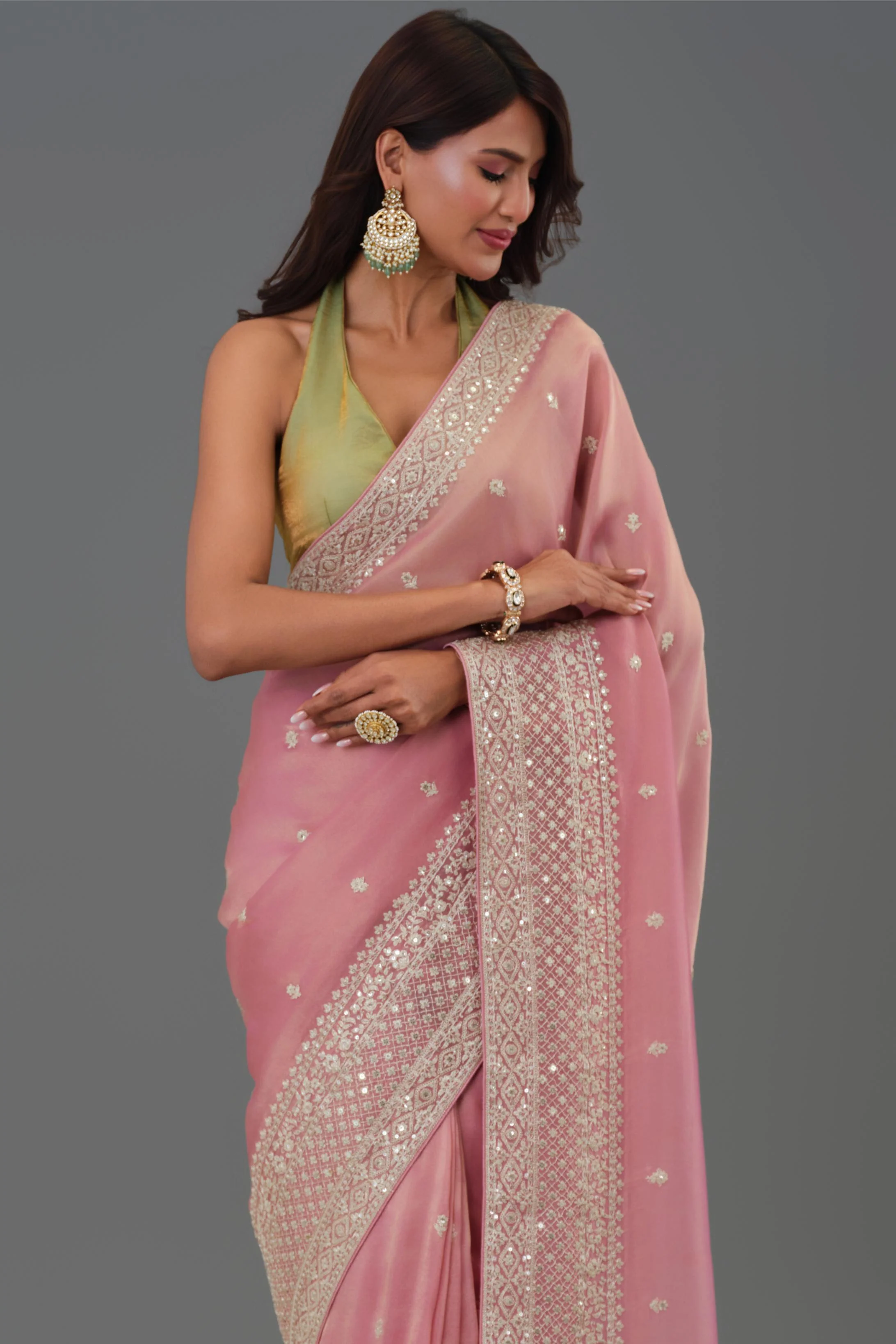 Soft Pink Embroidered Tissue Cosmo Silk Saree - Image 5
