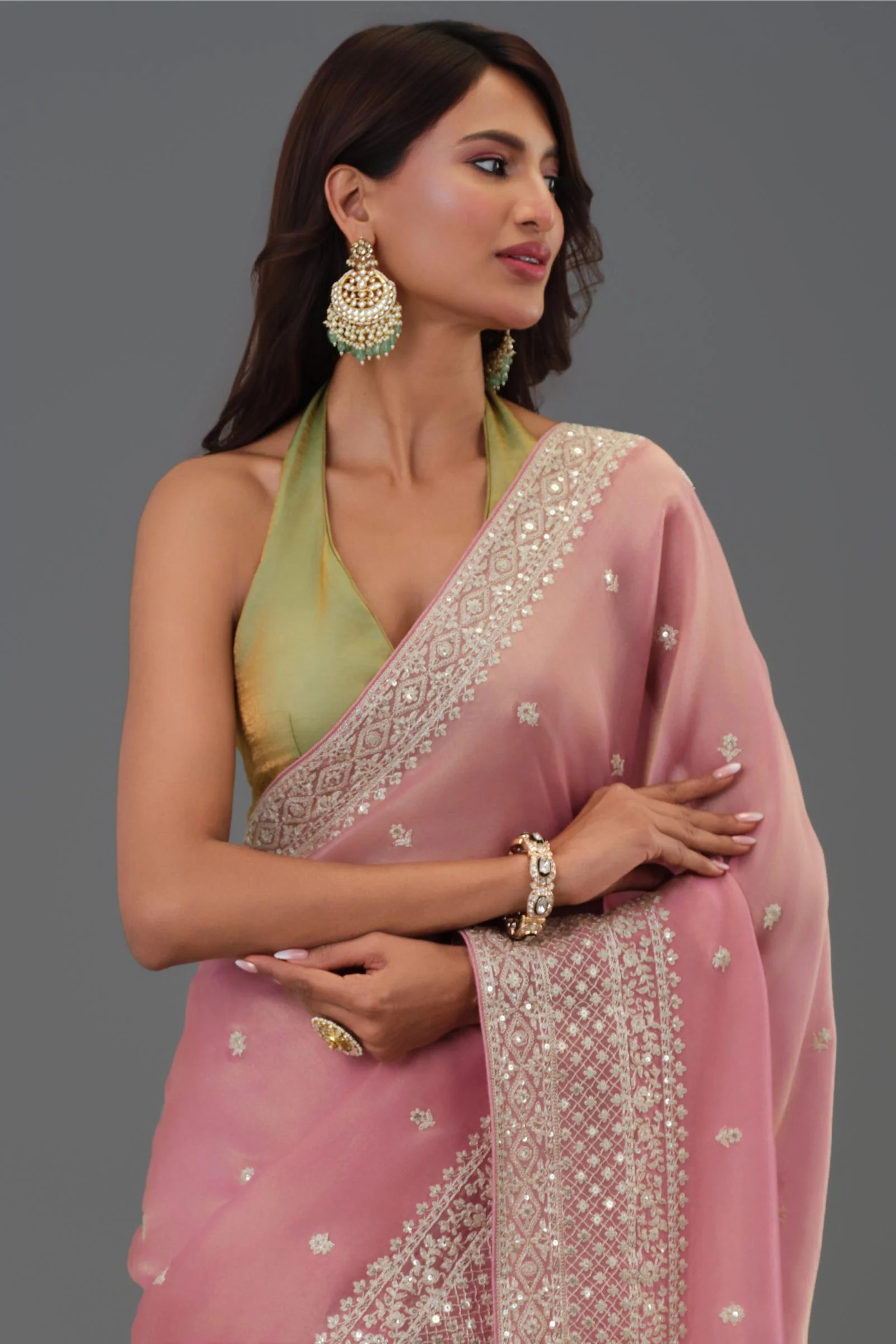 Soft Pink Embroidered Tissue Cosmo Silk Saree - Image 6