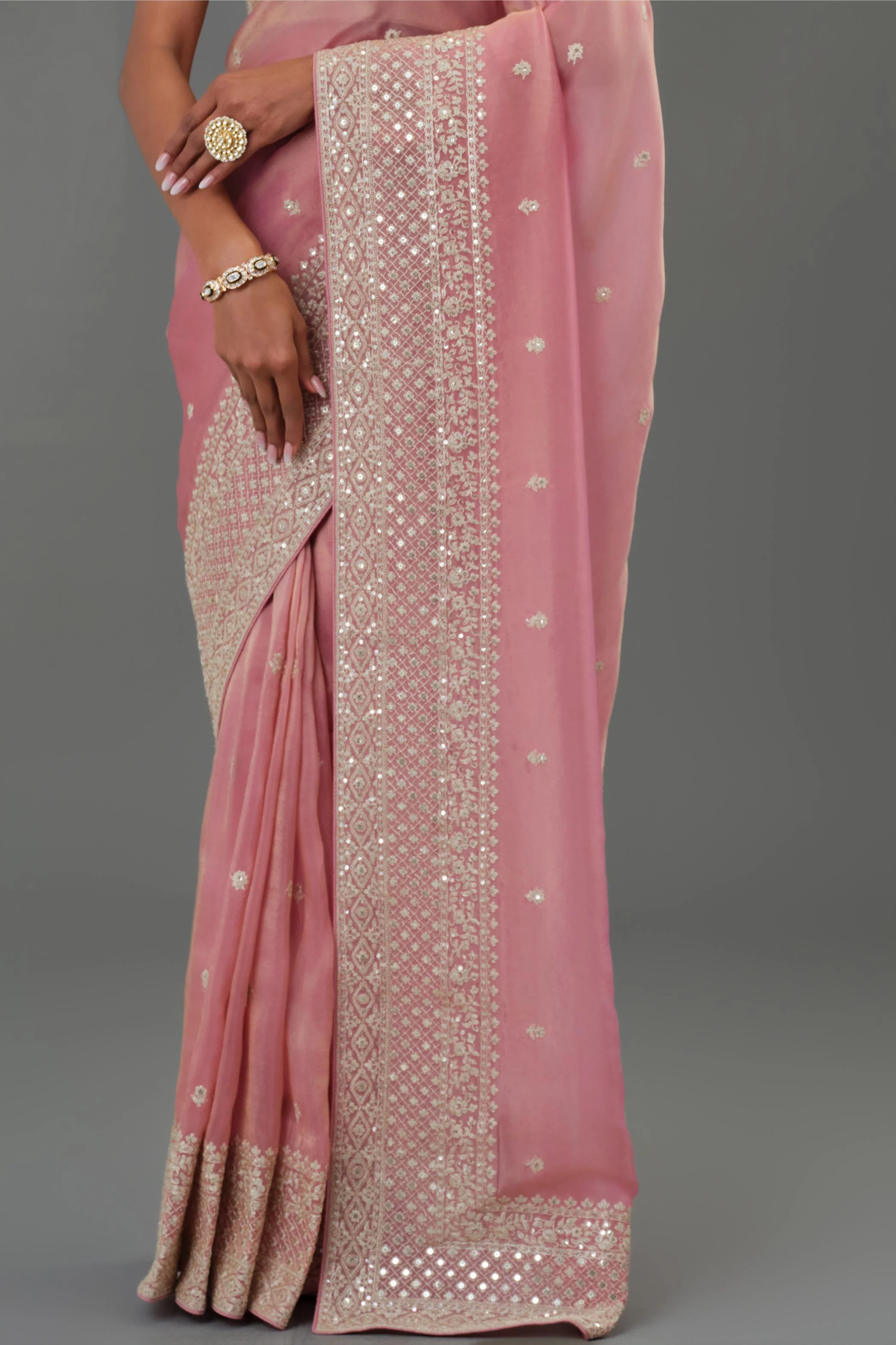 Soft Pink Embroidered Tissue Cosmo Silk Saree - Image 7