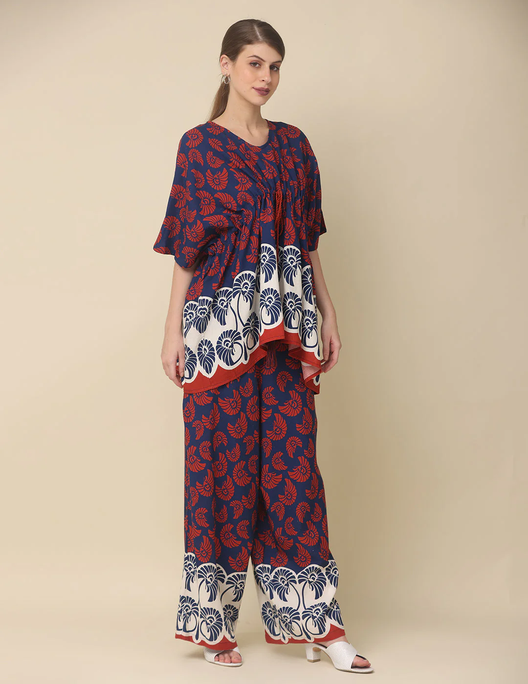 Navy & Crimson Printed Cotton Co-Ord Set - Image 4