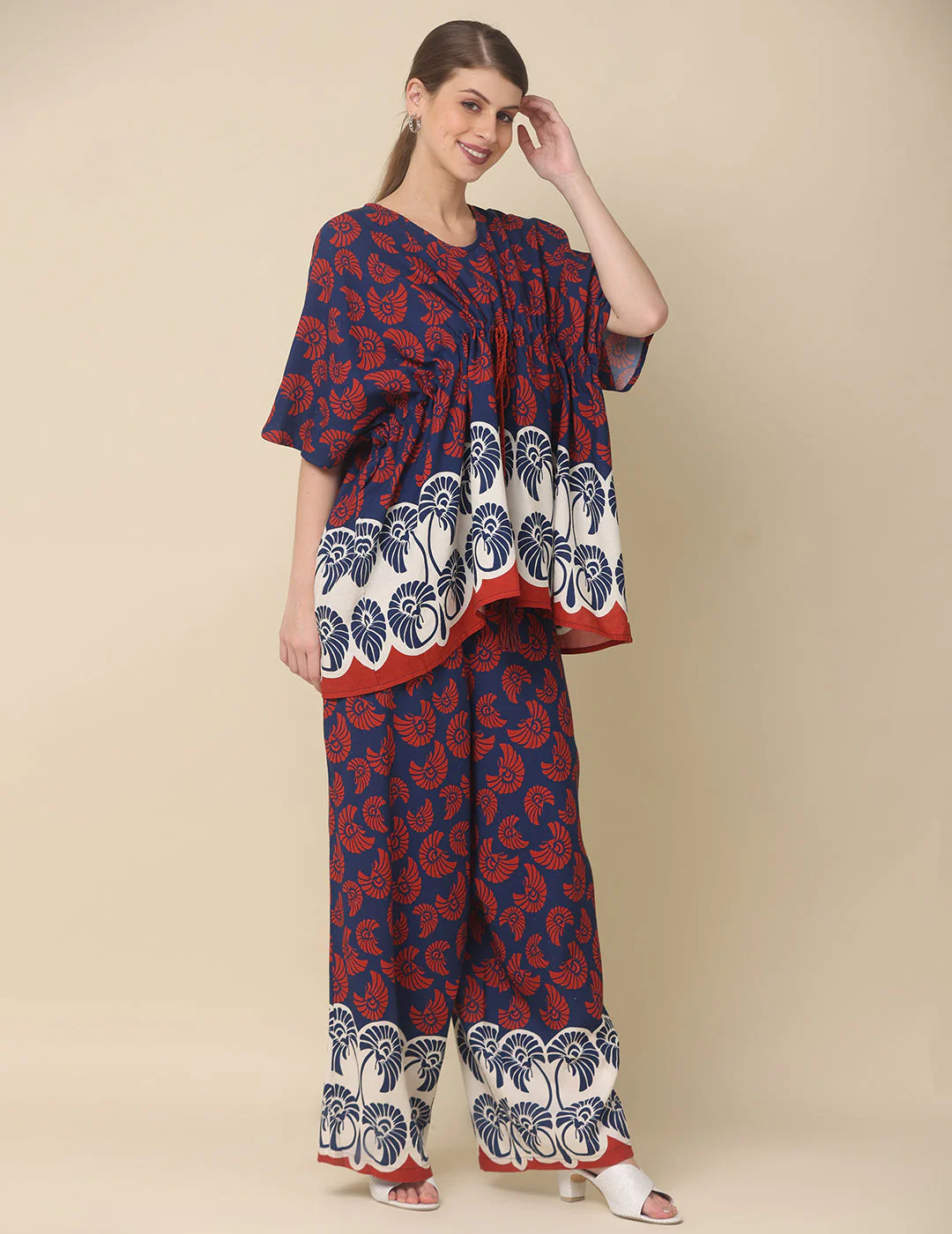 Navy & Crimson Printed Cotton Co-Ord Set - Image 5