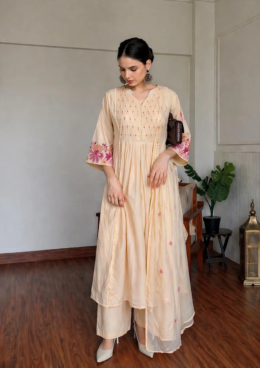 Peach Blossom Embroidered Cotton Anarkali Set