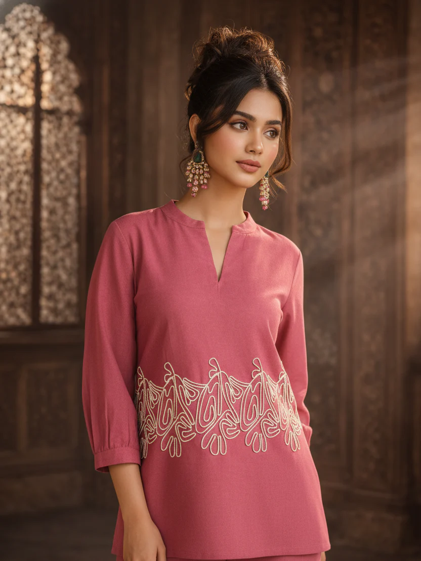 Dusky Rose Embroidered Cotton Co-Ord Set - Image 2