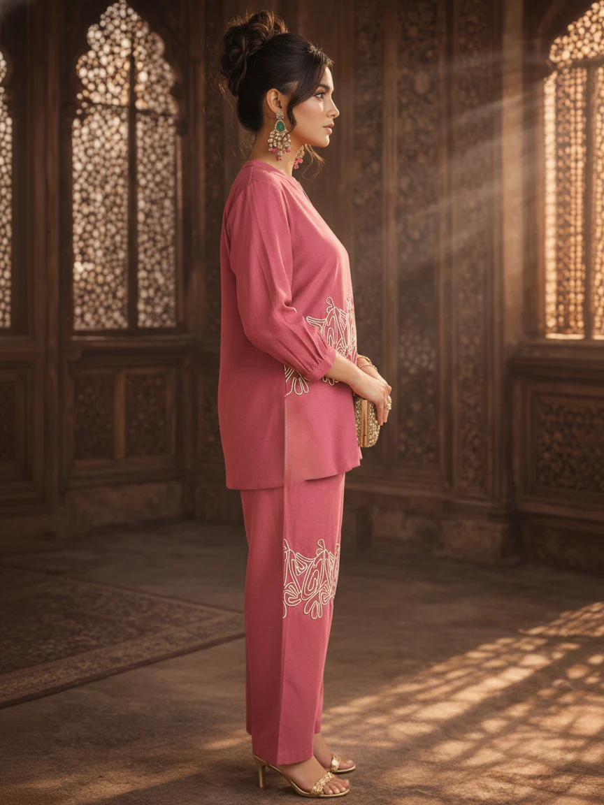 Dusky Rose Embroidered Cotton Co-Ord Set - Image 4