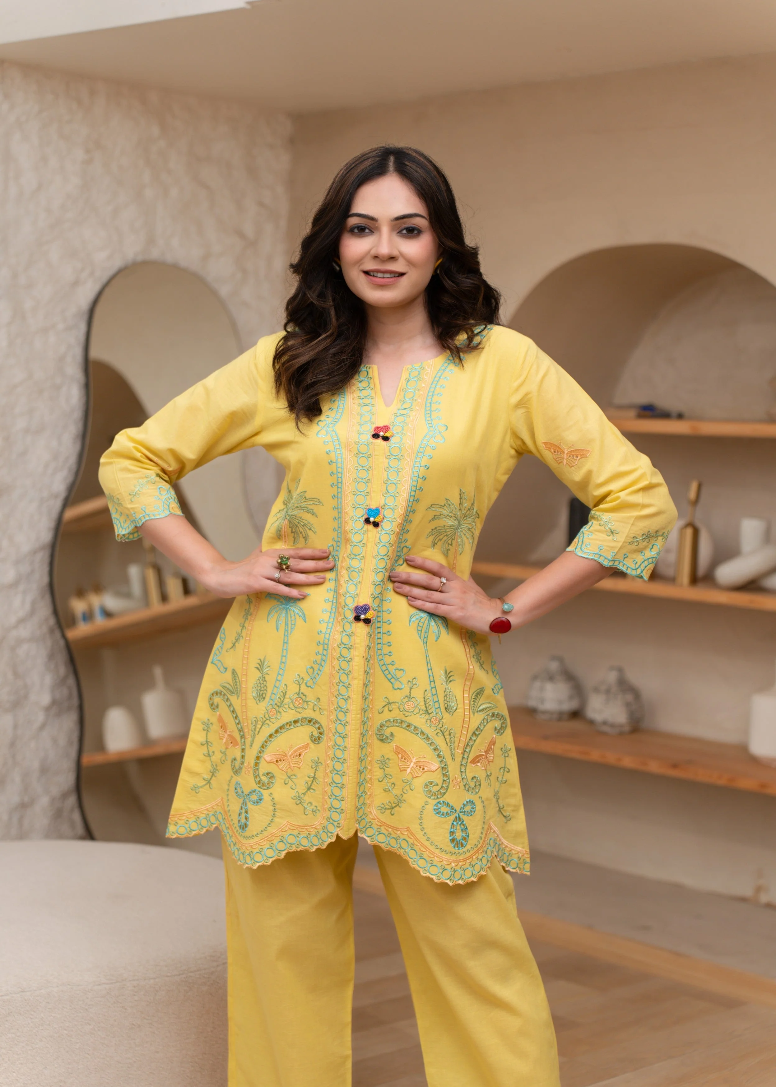 Bright Yellow Embroidered Cotton Co-ord Set - Image 2