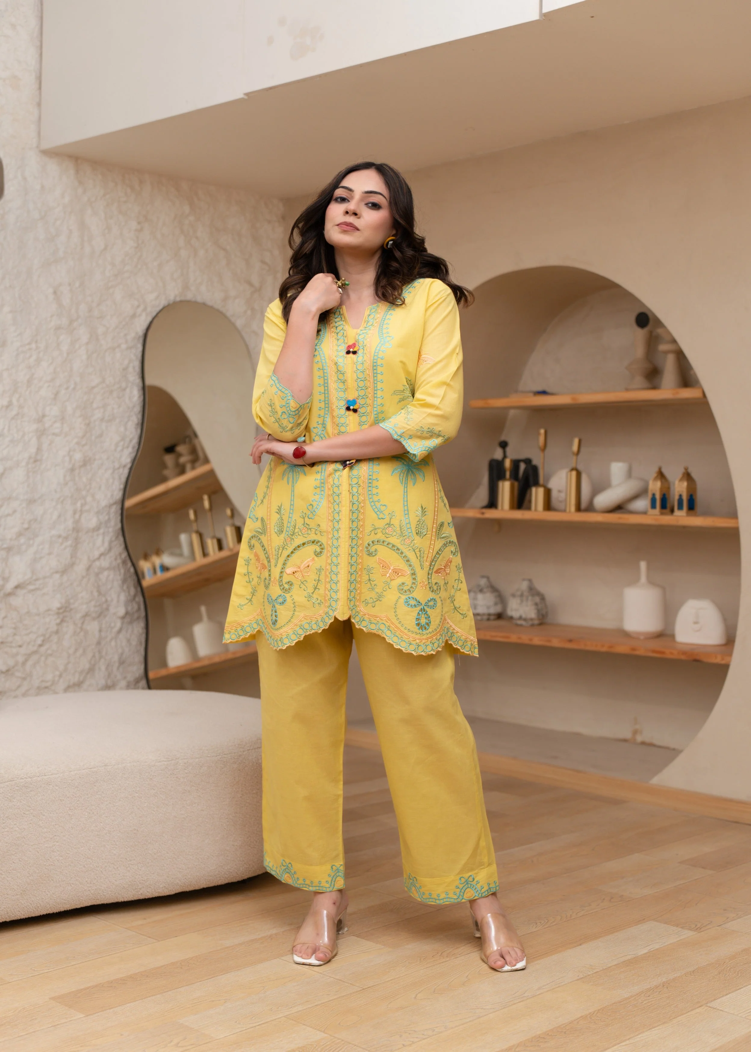 Bright Yellow Embroidered Cotton Co-ord Set - Image 3