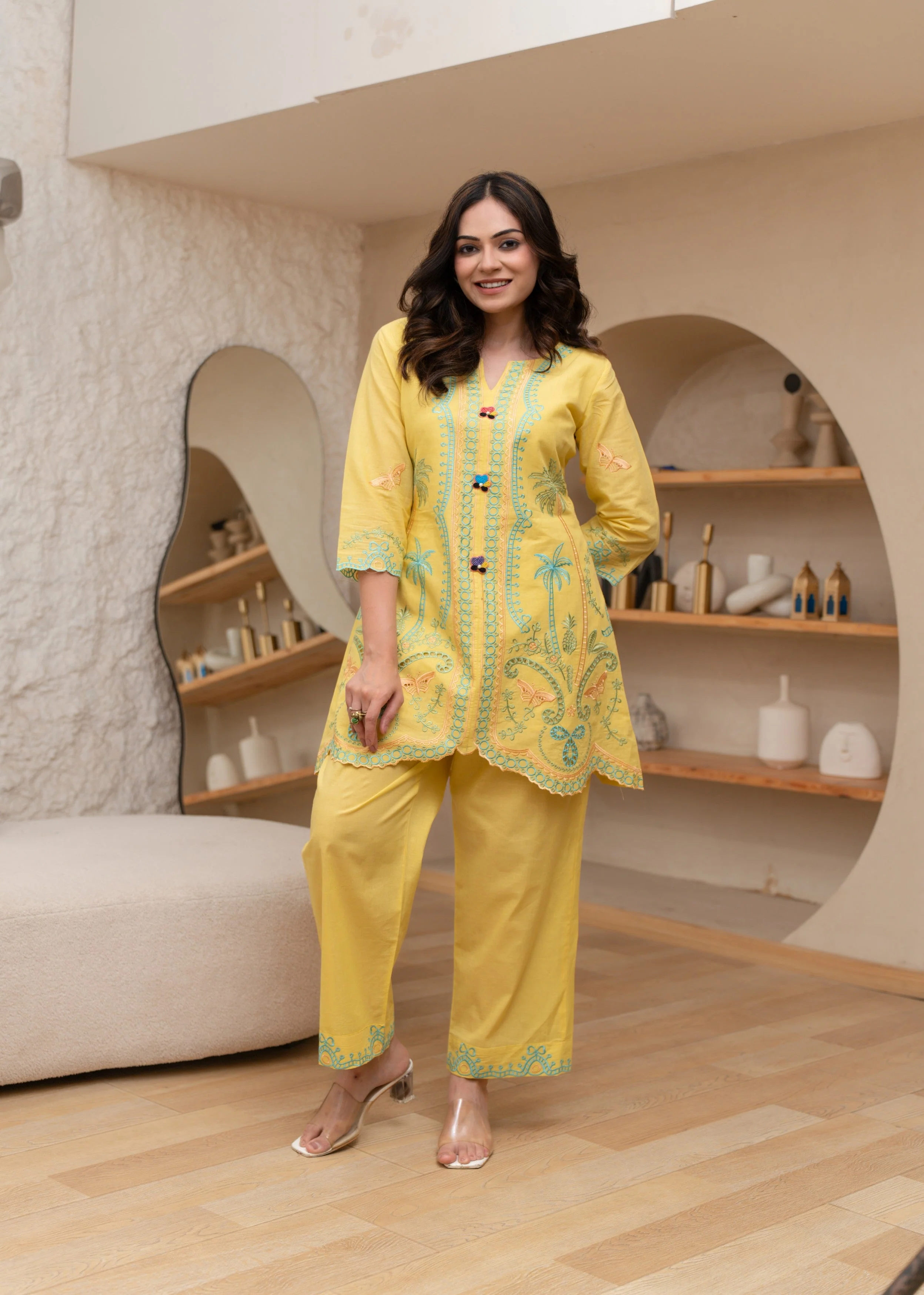 Bright Yellow Embroidered Cotton Co-ord Set - Image 4
