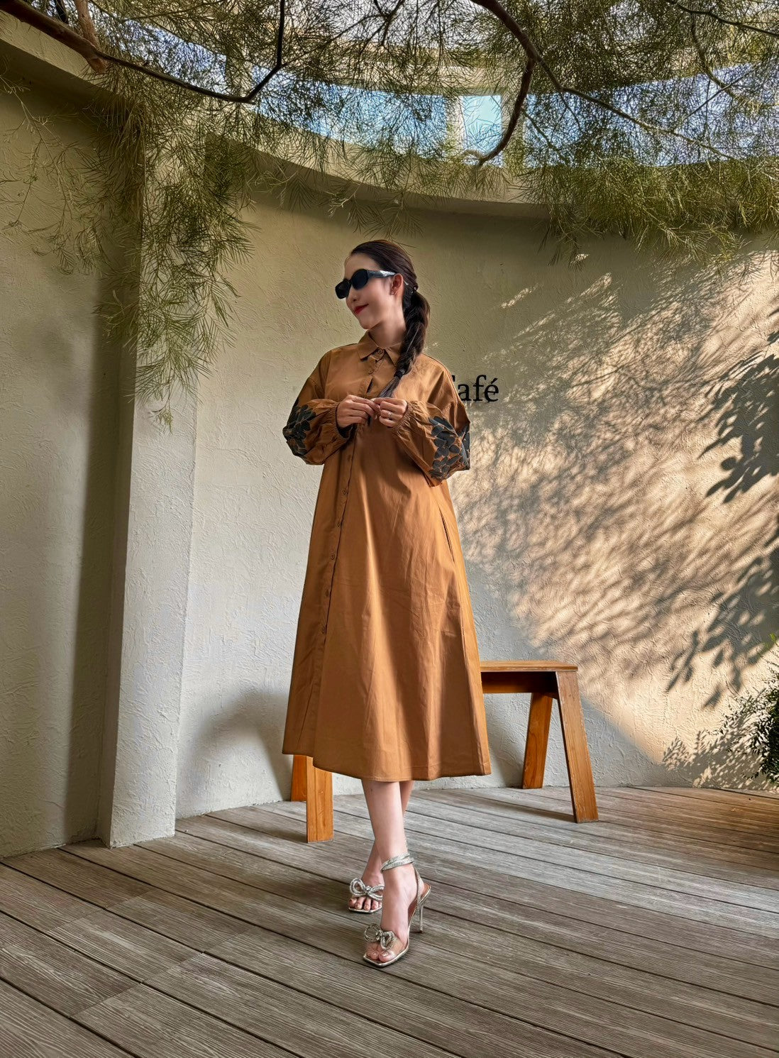 Camel Tan Printed Cotton Dress