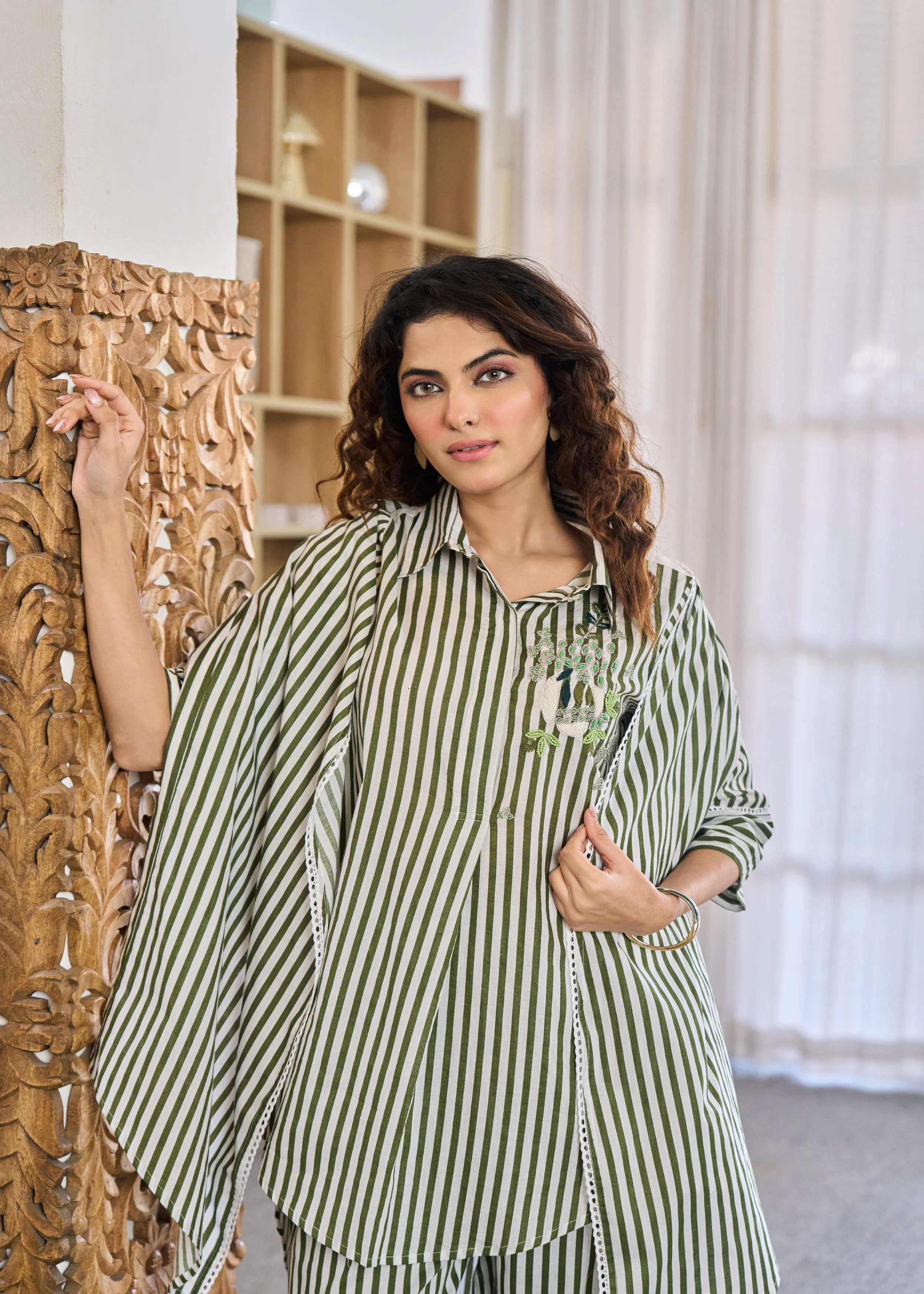 Olive Lineage Embellished Cotton Co-Ord Set - Image 3