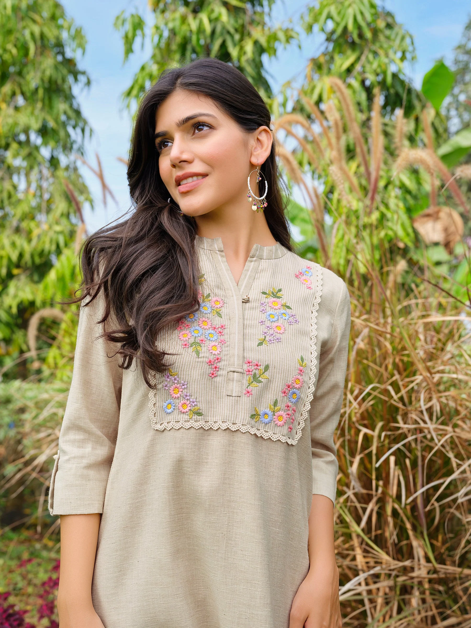 Sand Beige Floral Embroidered Cotton Kurta Set - Image 2