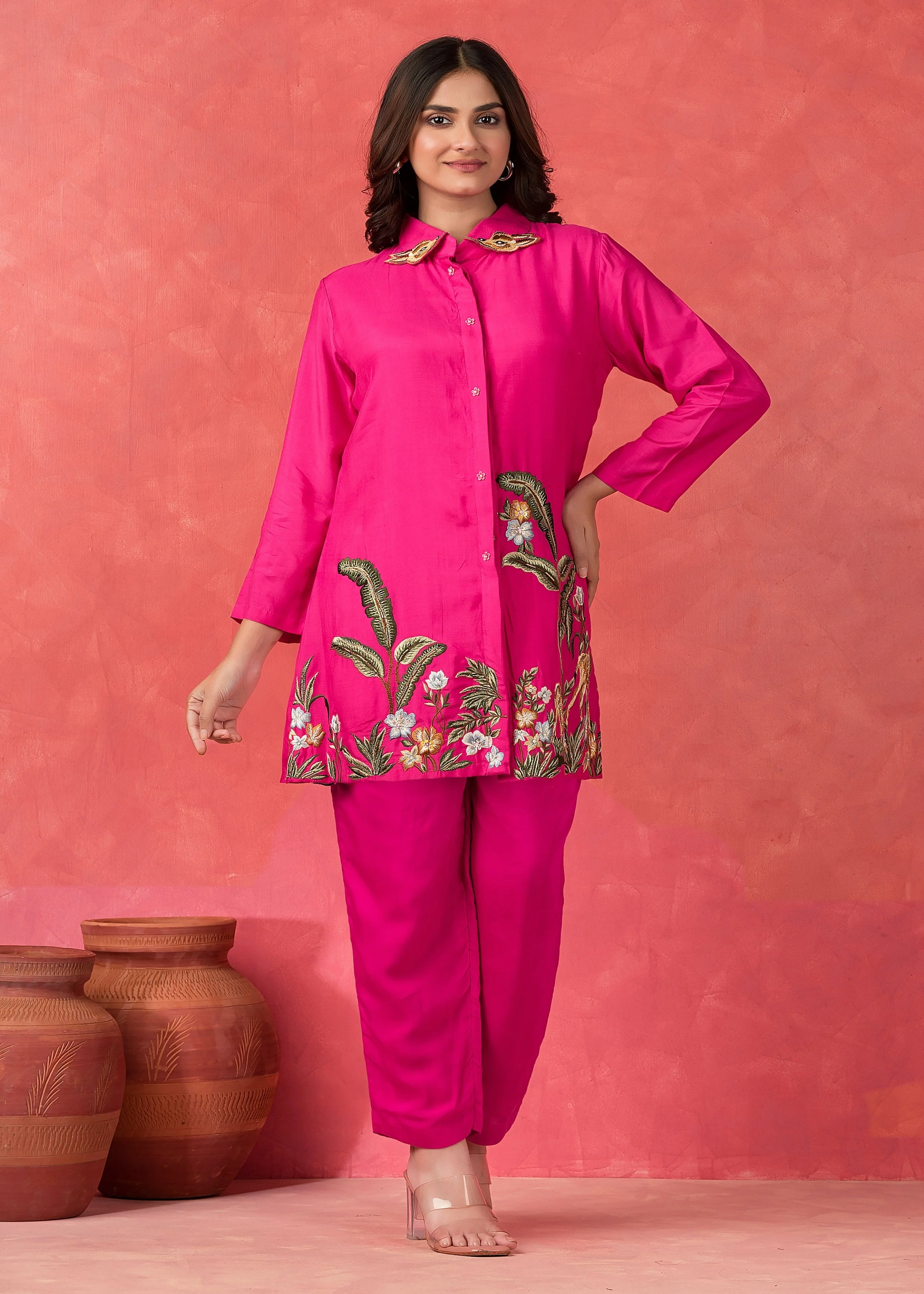 Hot Pink Embroidered Muslin Silk Co-Ord Set