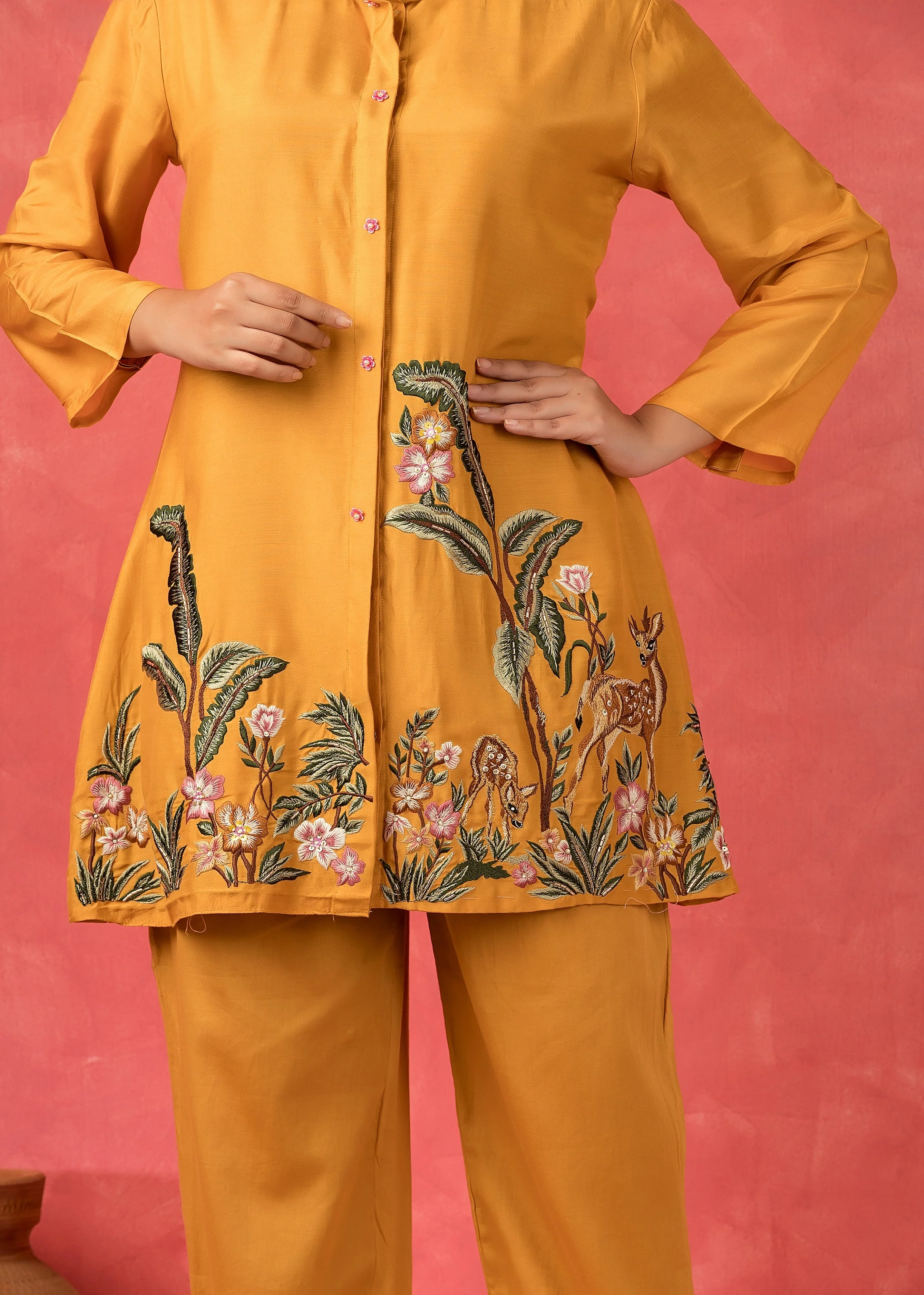 Golden Yellow Embroidered Muslin Silk Co-Ord Set - Image 2