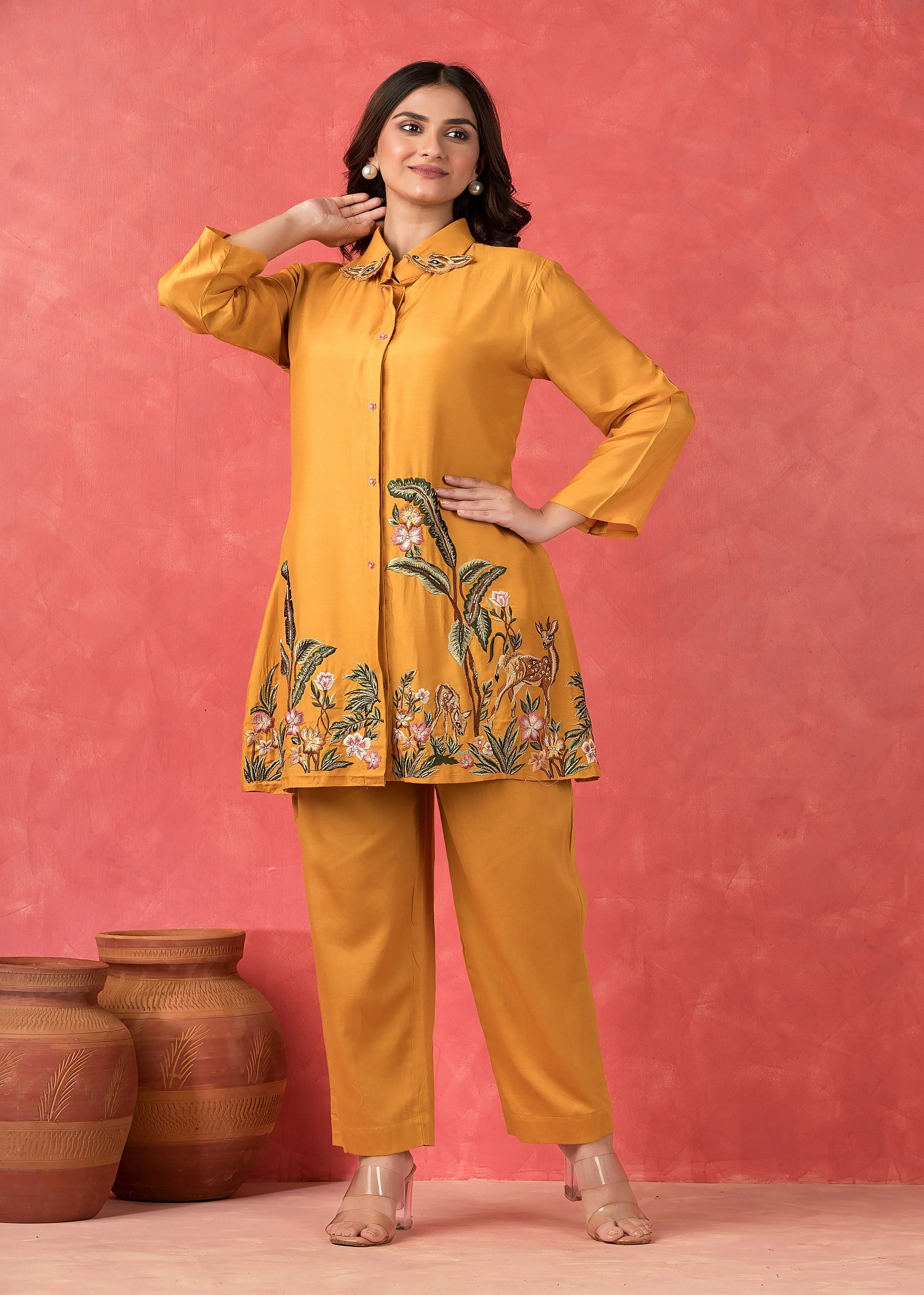Golden Yellow Embroidered Muslin Silk Co-Ord Set - Image 3