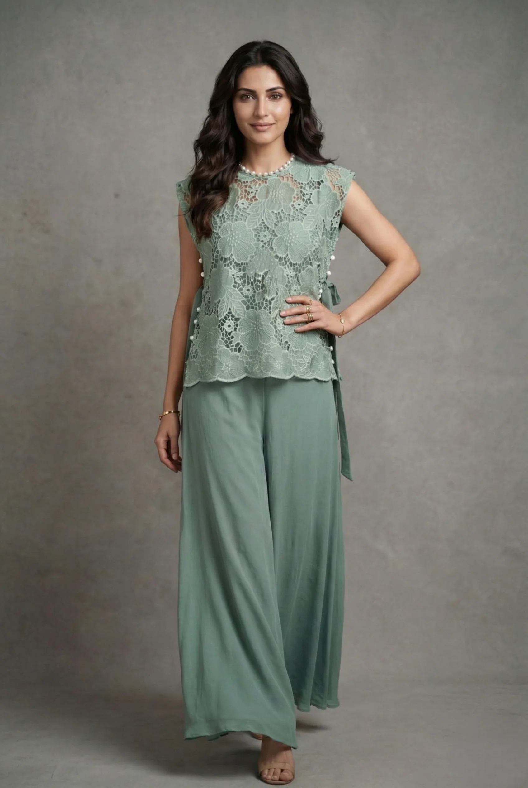 Sage Green Floral Cutwork Crepe Silk Co-ord Set