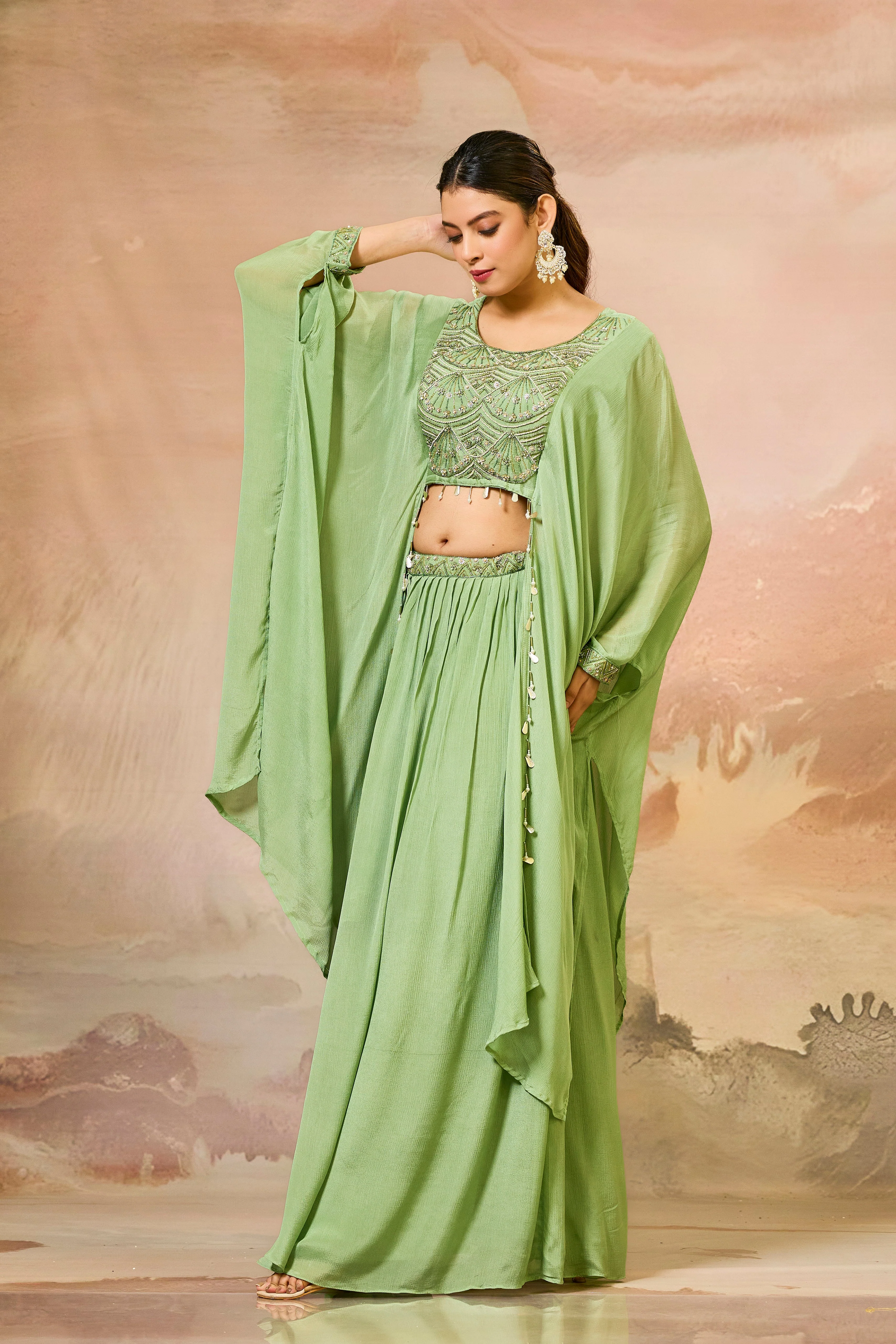 Pastel Green Embroidered Chinon Silk Skirt Set - Image 3