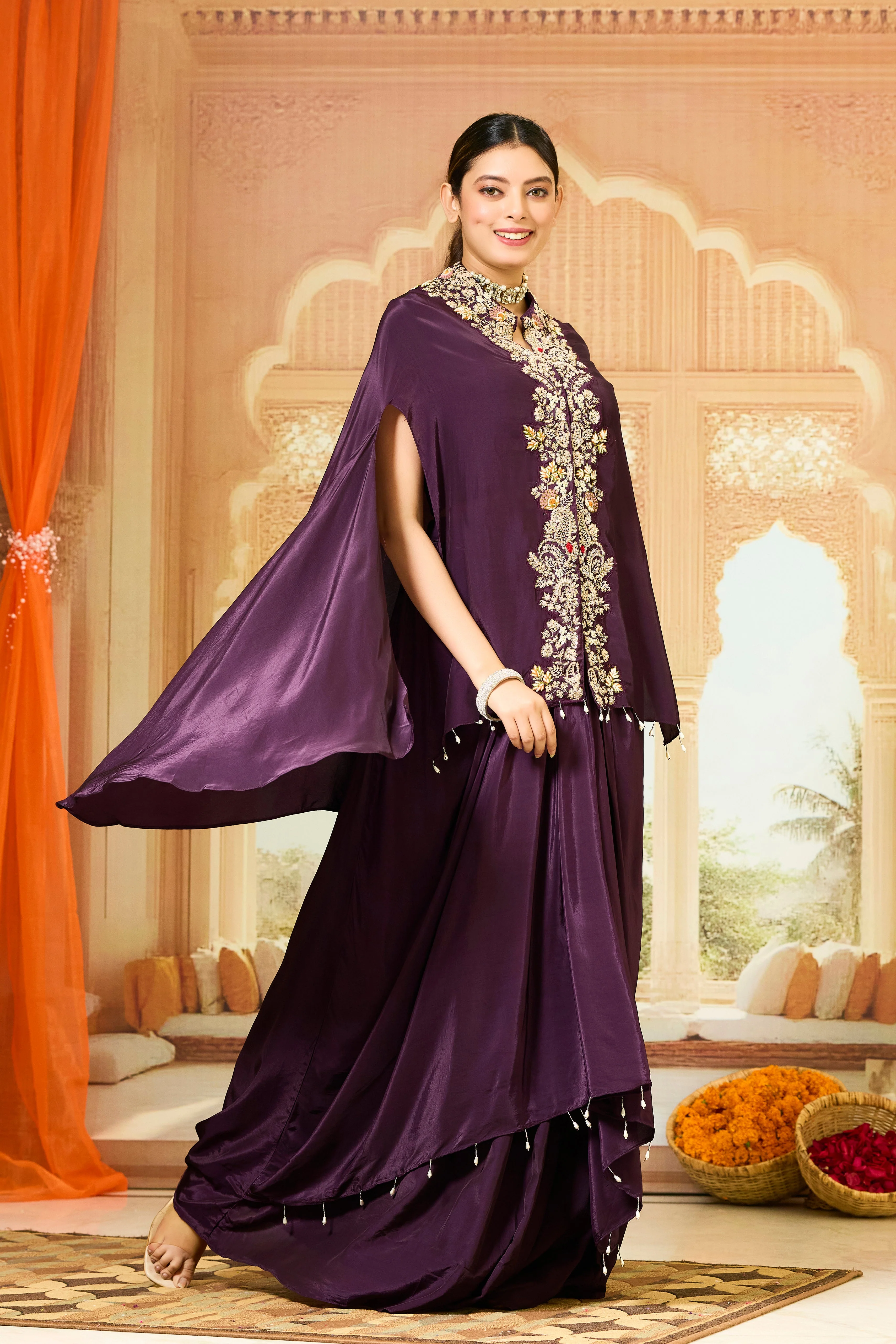 Burgundy Embroidered Crepe Silk Skirt Set - Image 3