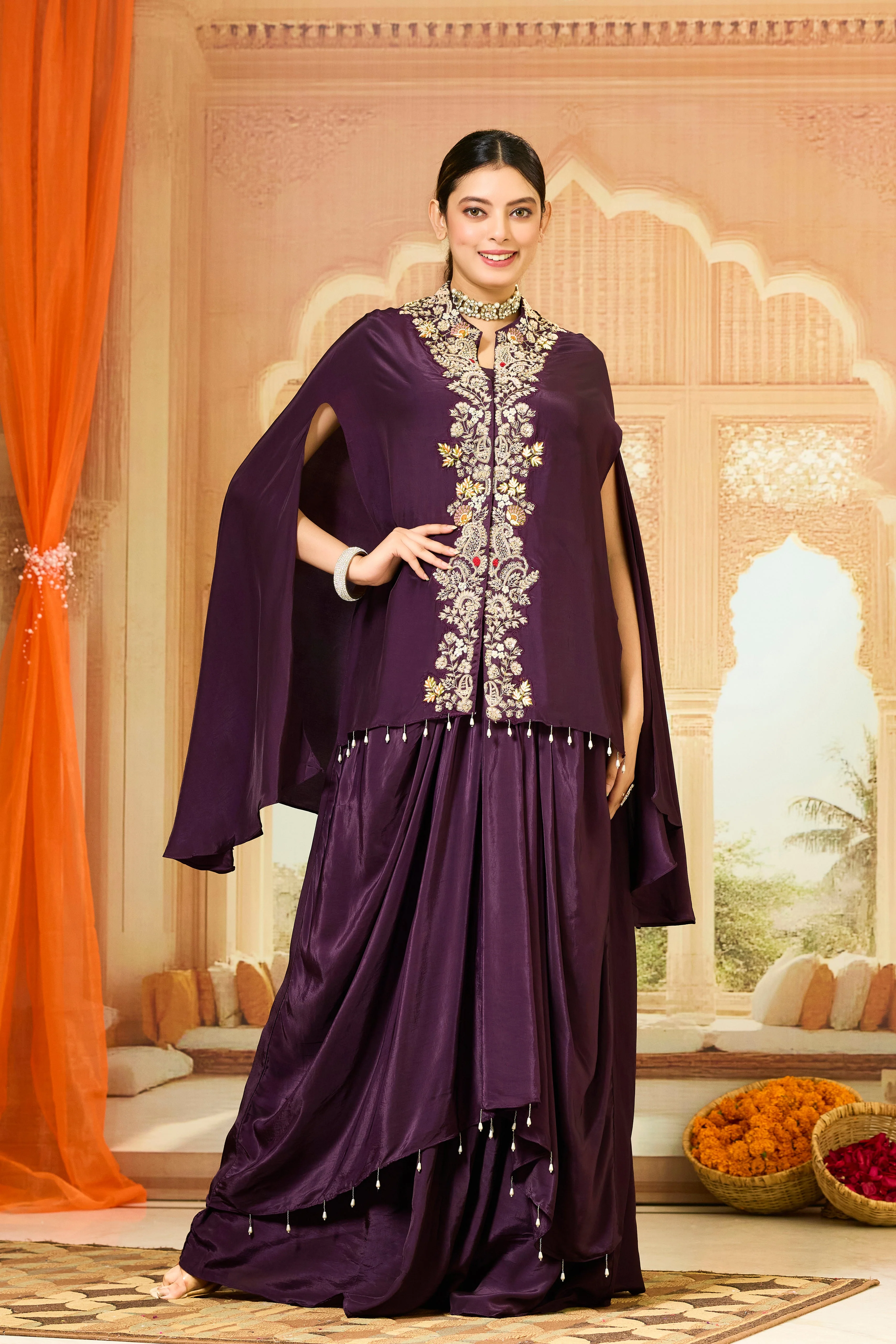 Burgundy Embroidered Crepe Silk Skirt Set - Image 4