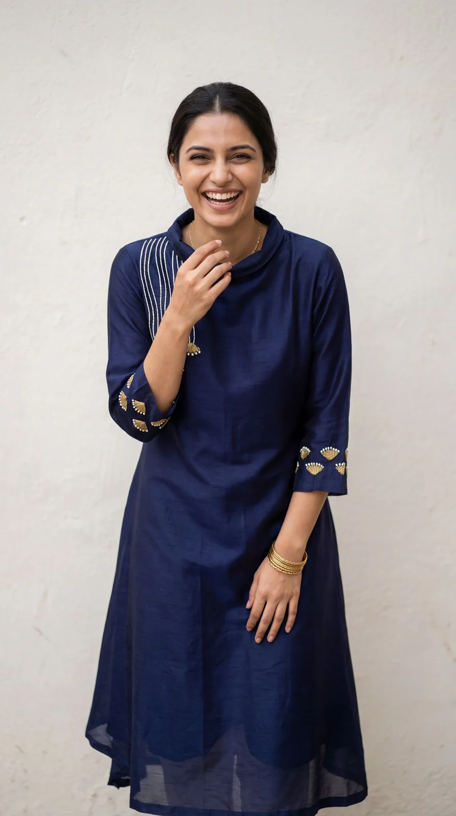 Navy Blue Embroidered Dola Silk Dress