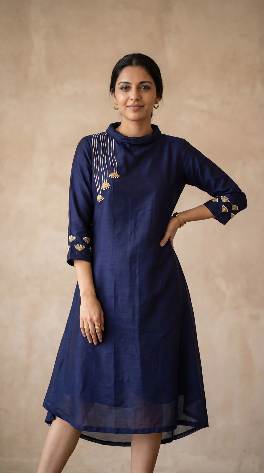 Navy Blue Embroidered Dola Silk Dress - Image 2