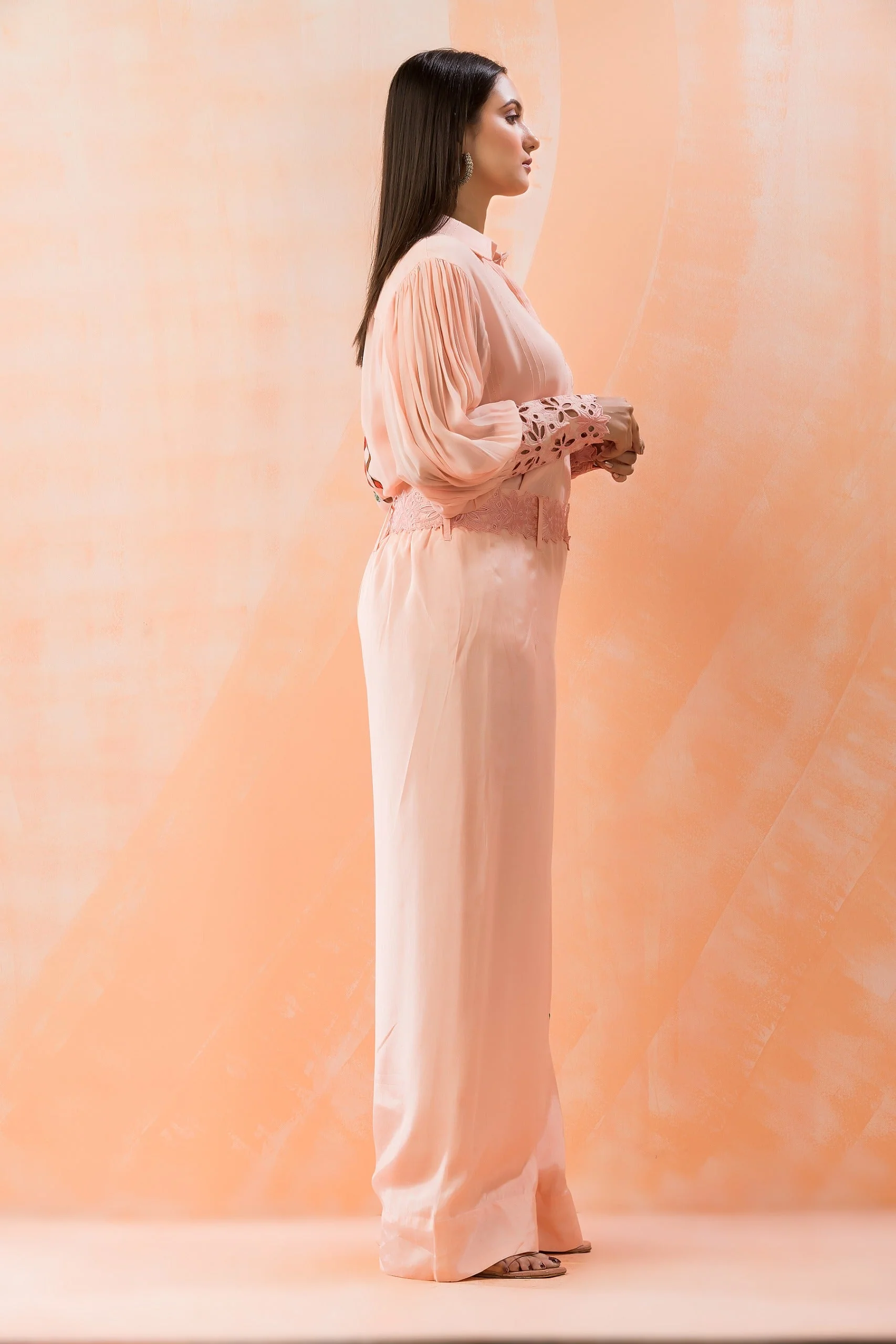 Peach Floral Painted Georgette Silk Co-Ord Set - Image 3