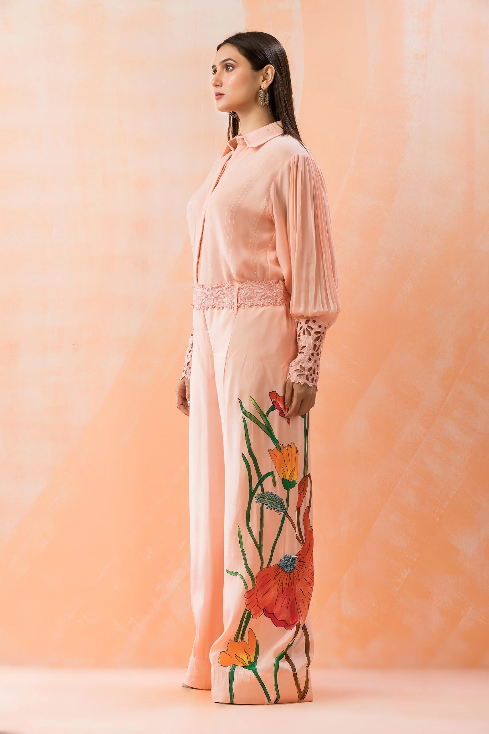 Peach Floral Painted Georgette Silk Co-Ord Set - Image 4