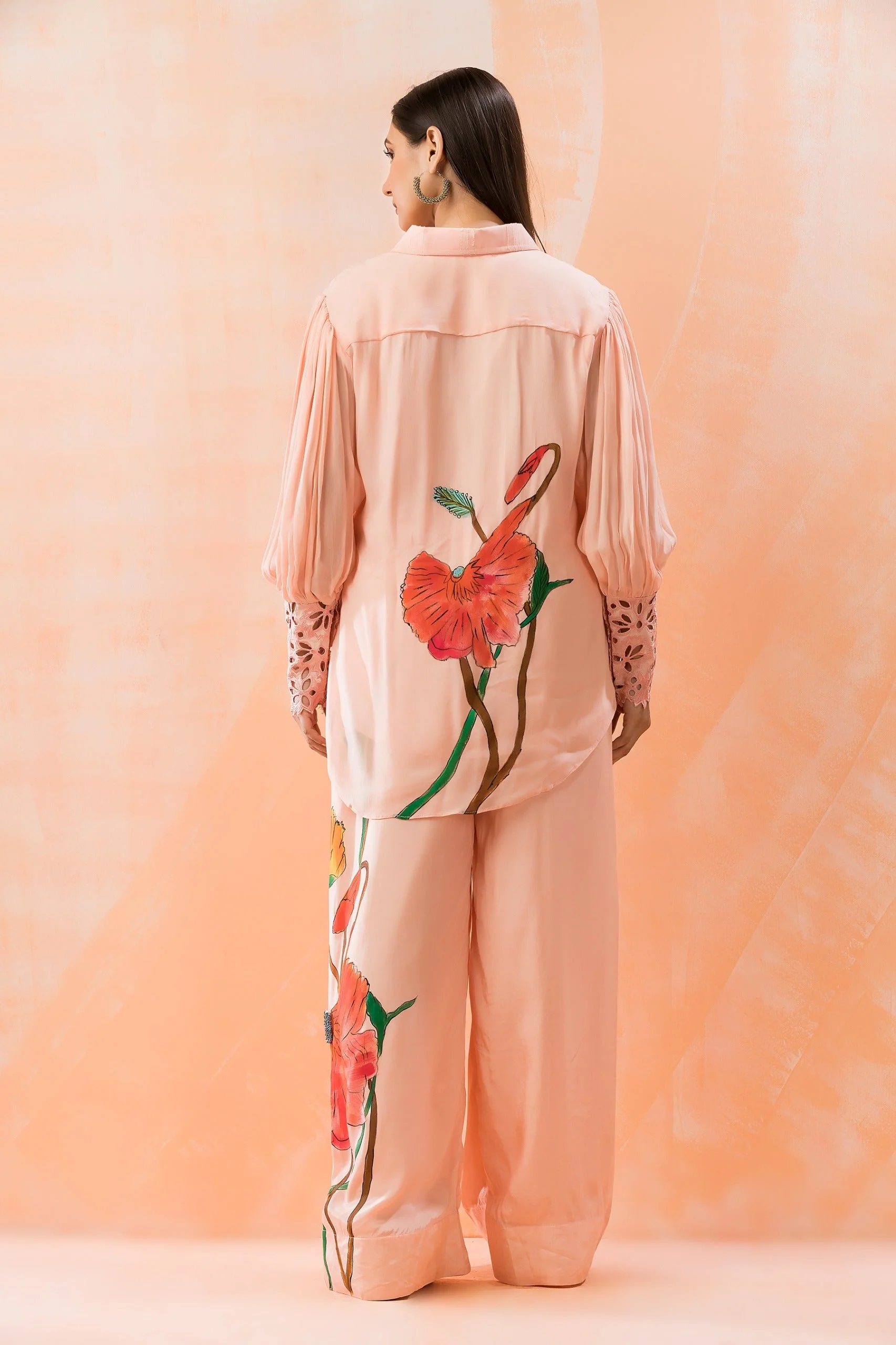 Peach Floral Painted Georgette Silk Co-Ord Set - Image 5