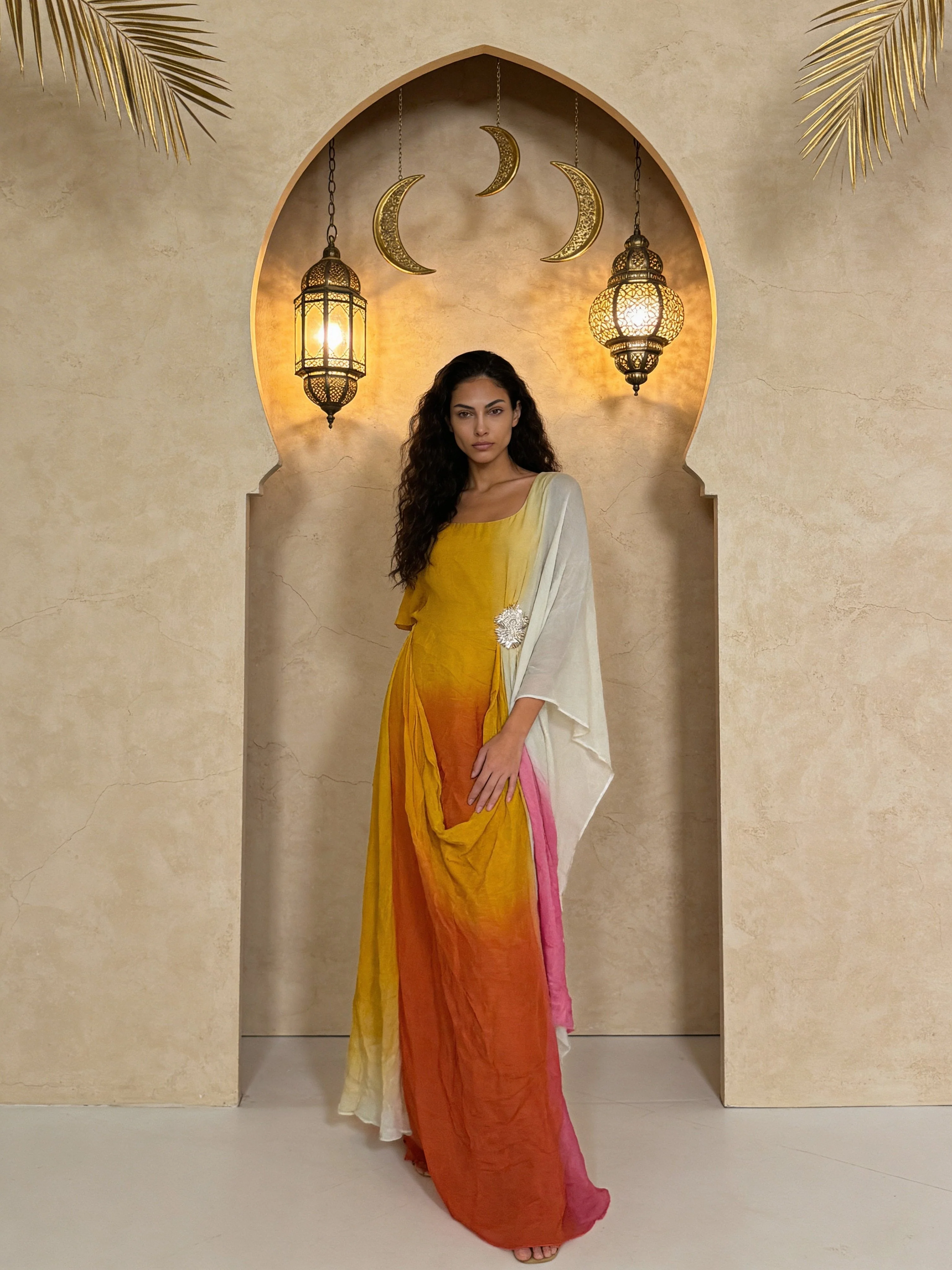 Multicolored Embellished Georgette Silk Asymmetrical Dress - Image 2