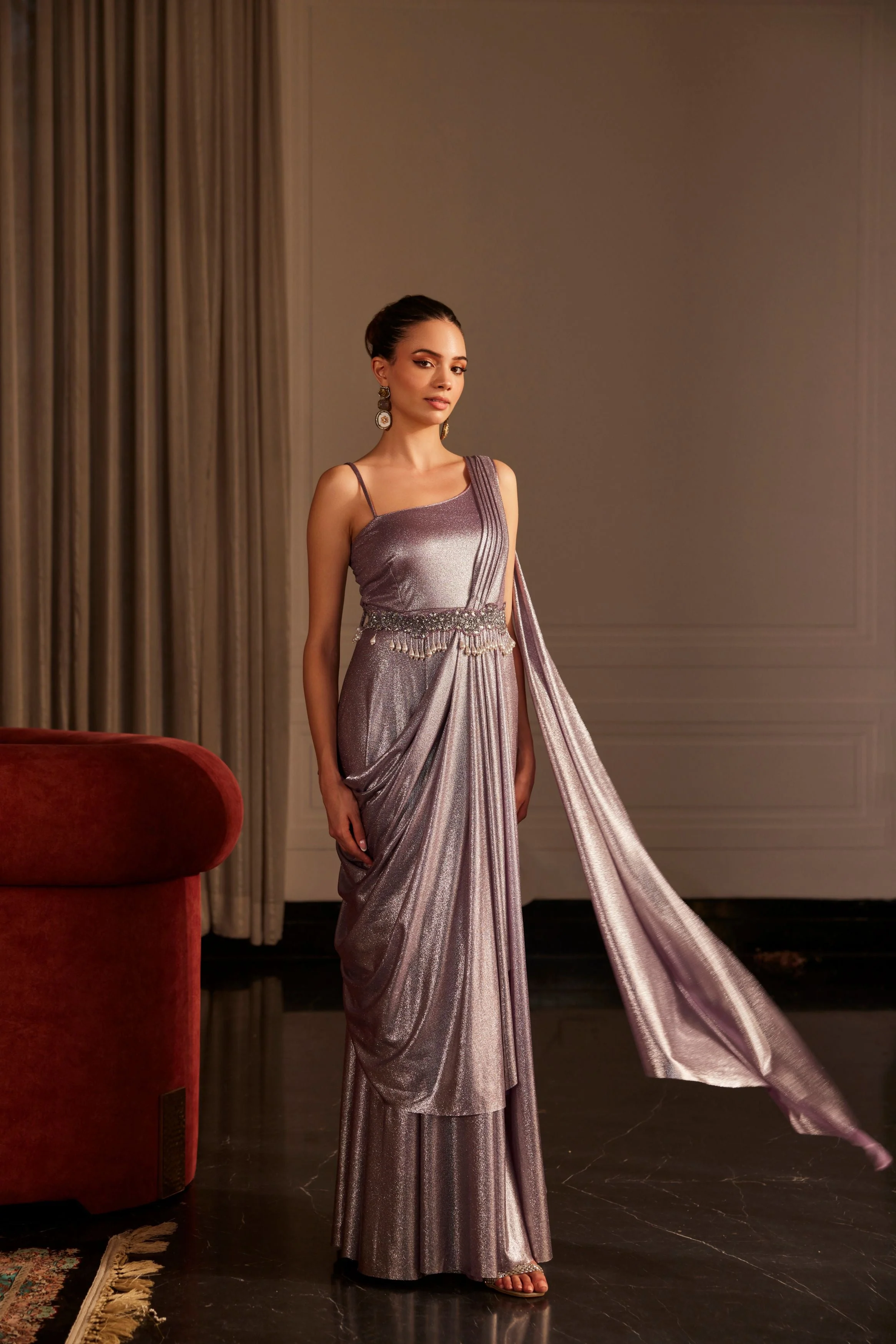 Pastel Purple Embellished Shimmer Lycra Gown - Image 3