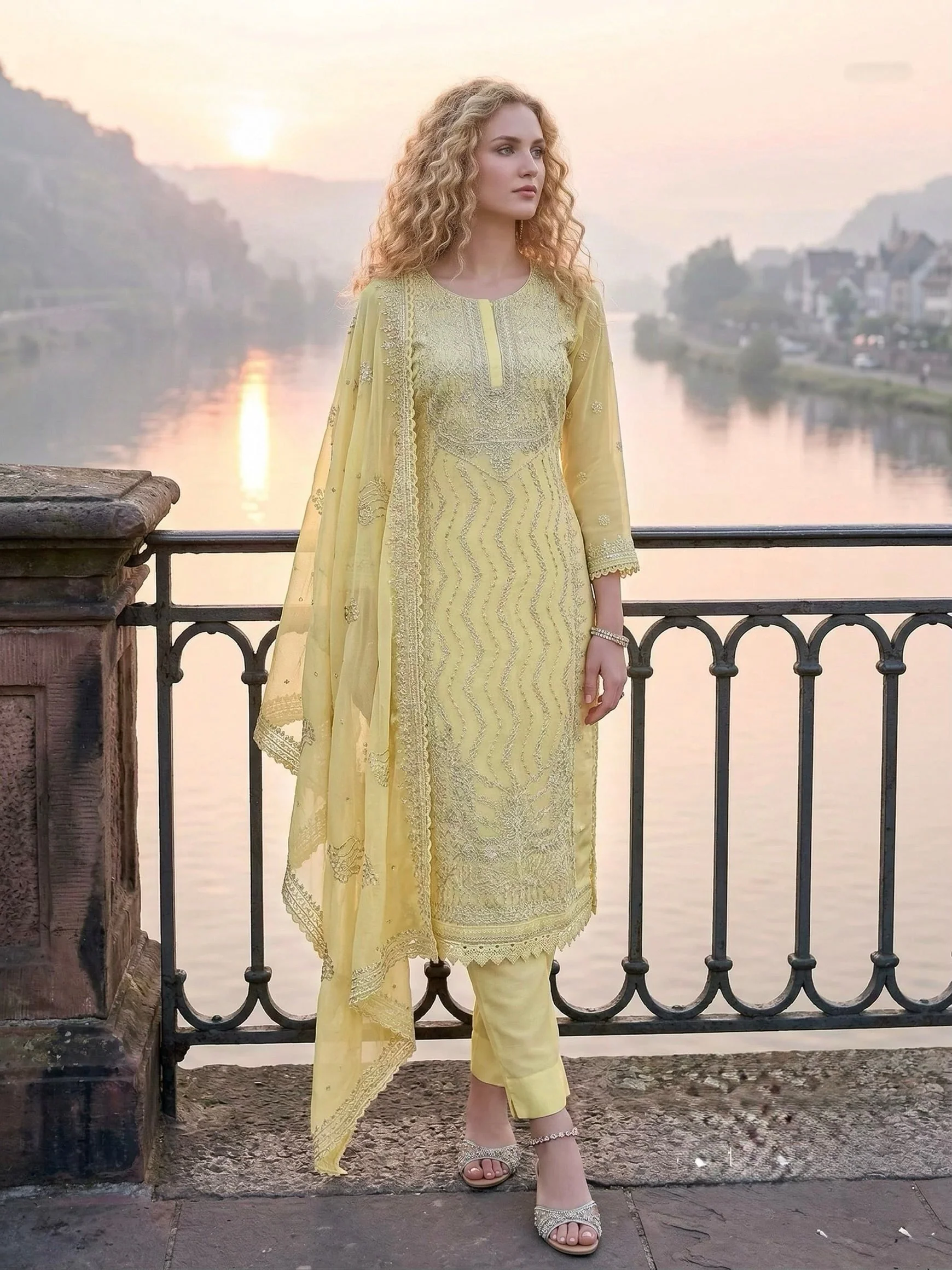 Lemon Yellow Embroidered Mul Chanderi Silk Pant Set