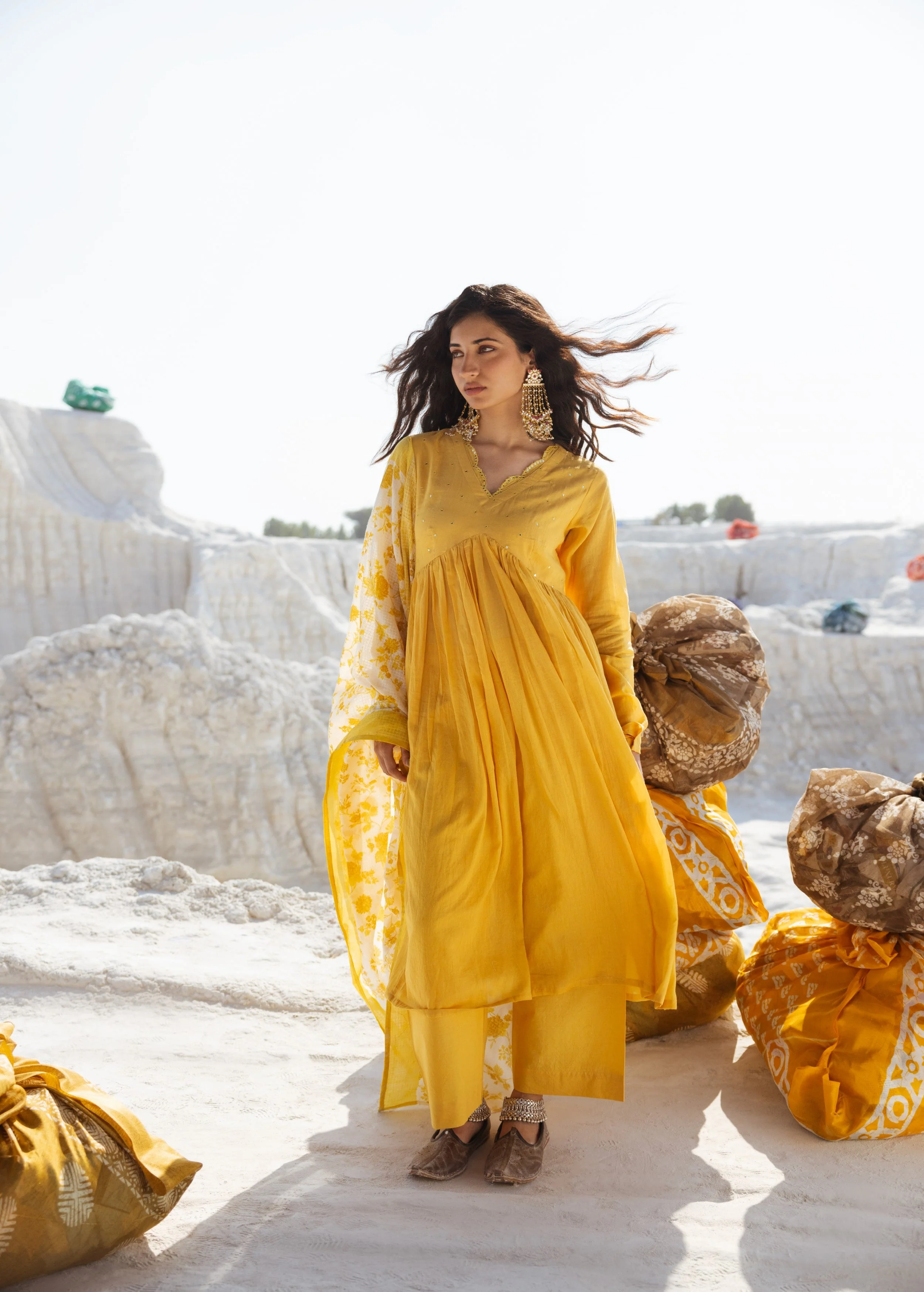 Lemon Yellow Embellished Mul Cotton Anarkali Set