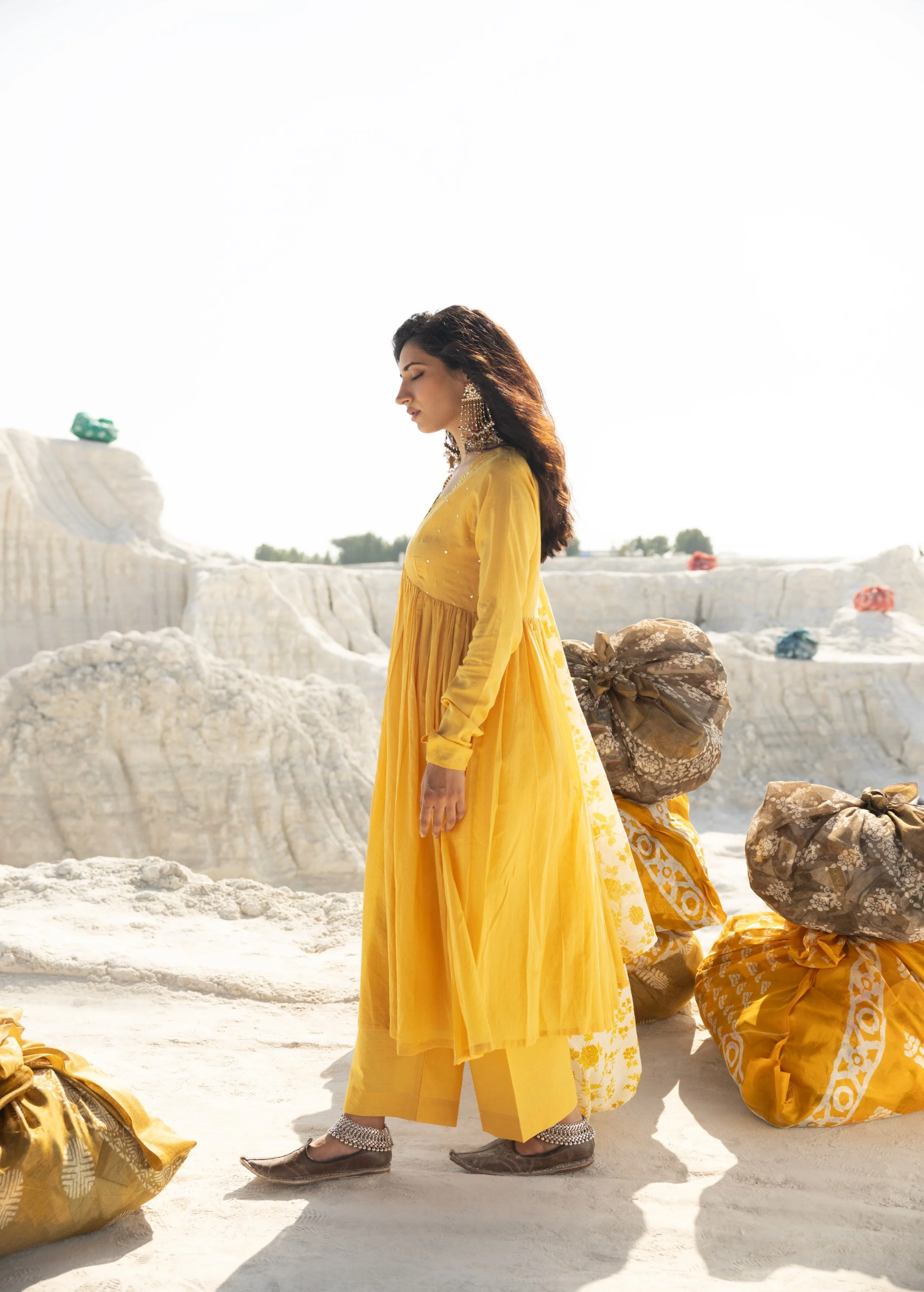 Lemon Yellow Embellished Mul Cotton Anarkali Set - Image 3