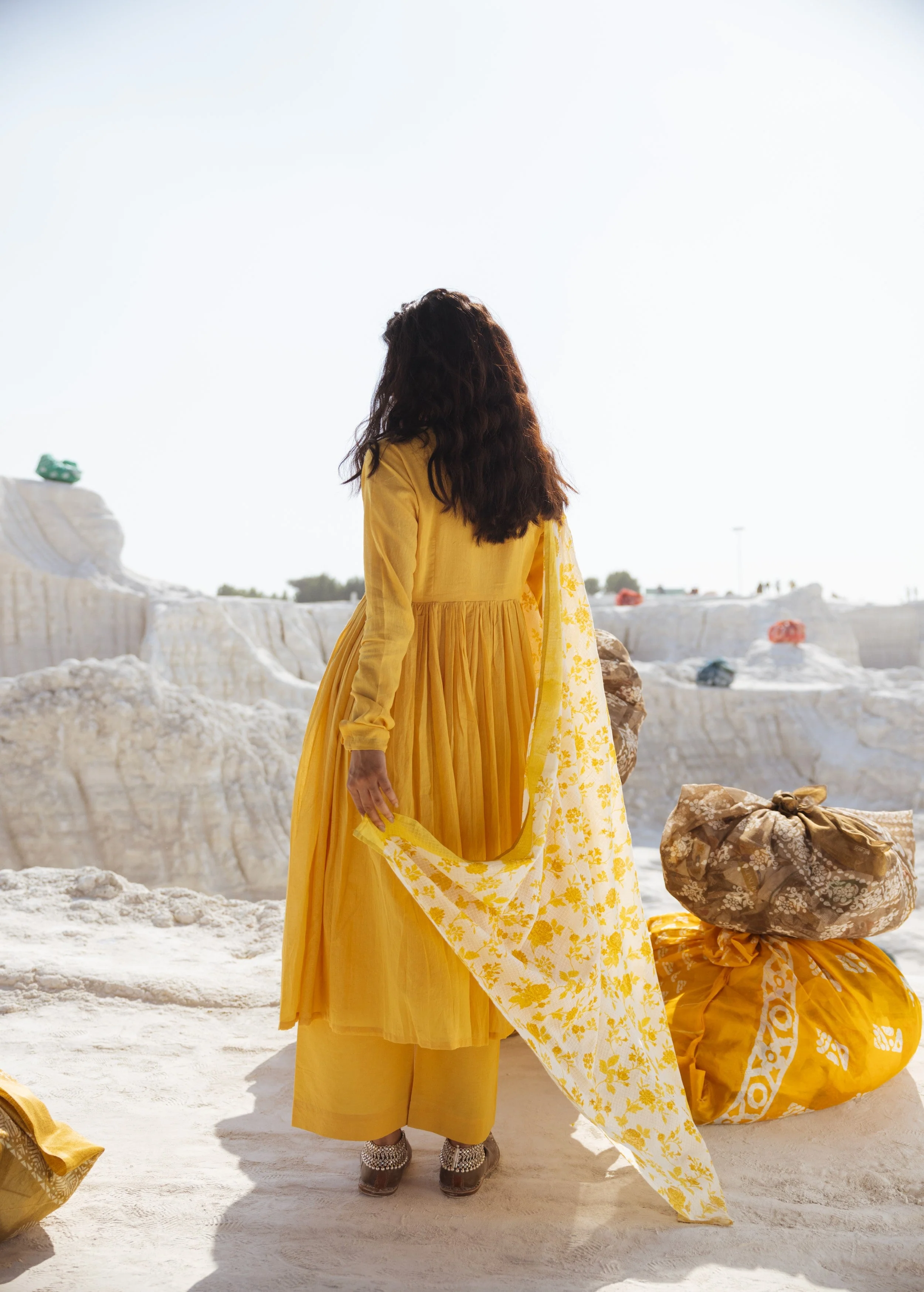 Lemon Yellow Embellished Mul Cotton Anarkali Set - Image 4