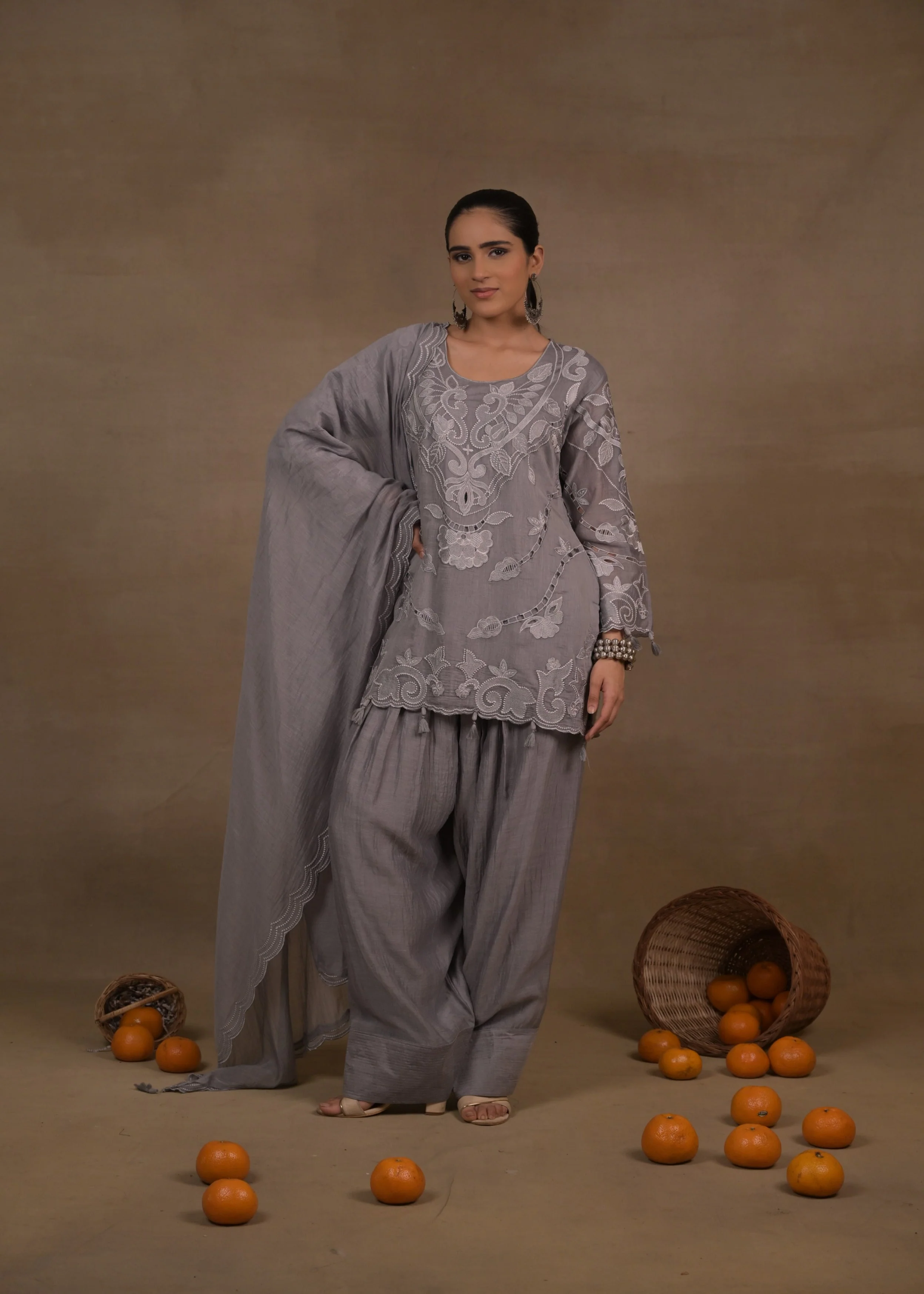 Slate Blossom Embroidered Mul Silk Pant Set
