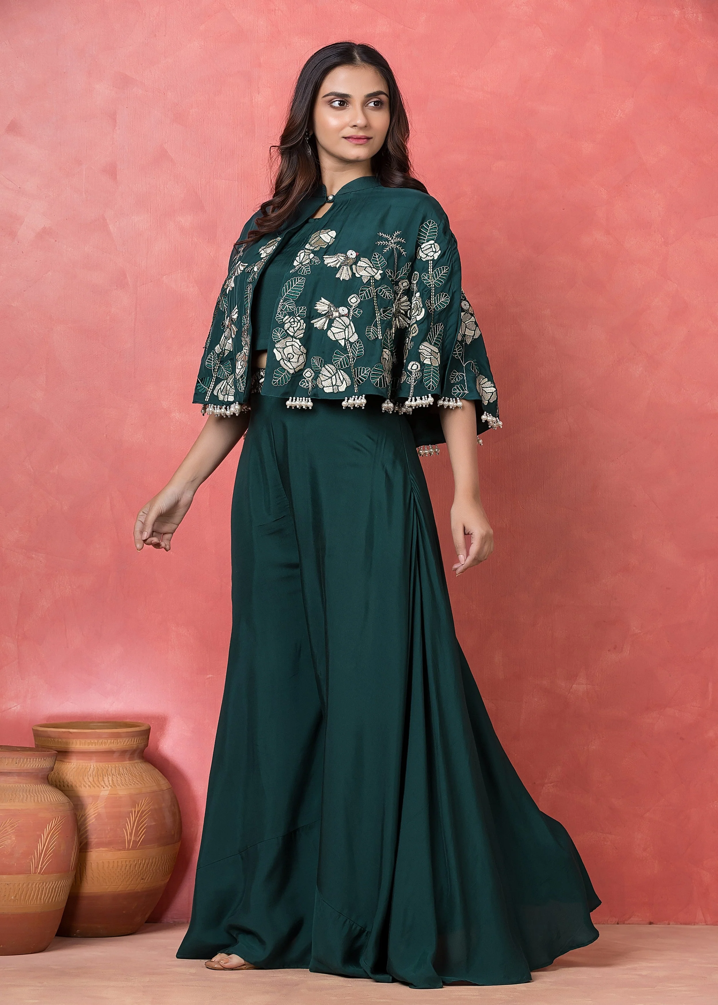 Emerald Green Embroidered Muslin Silk Co-Ord Set - Image 2