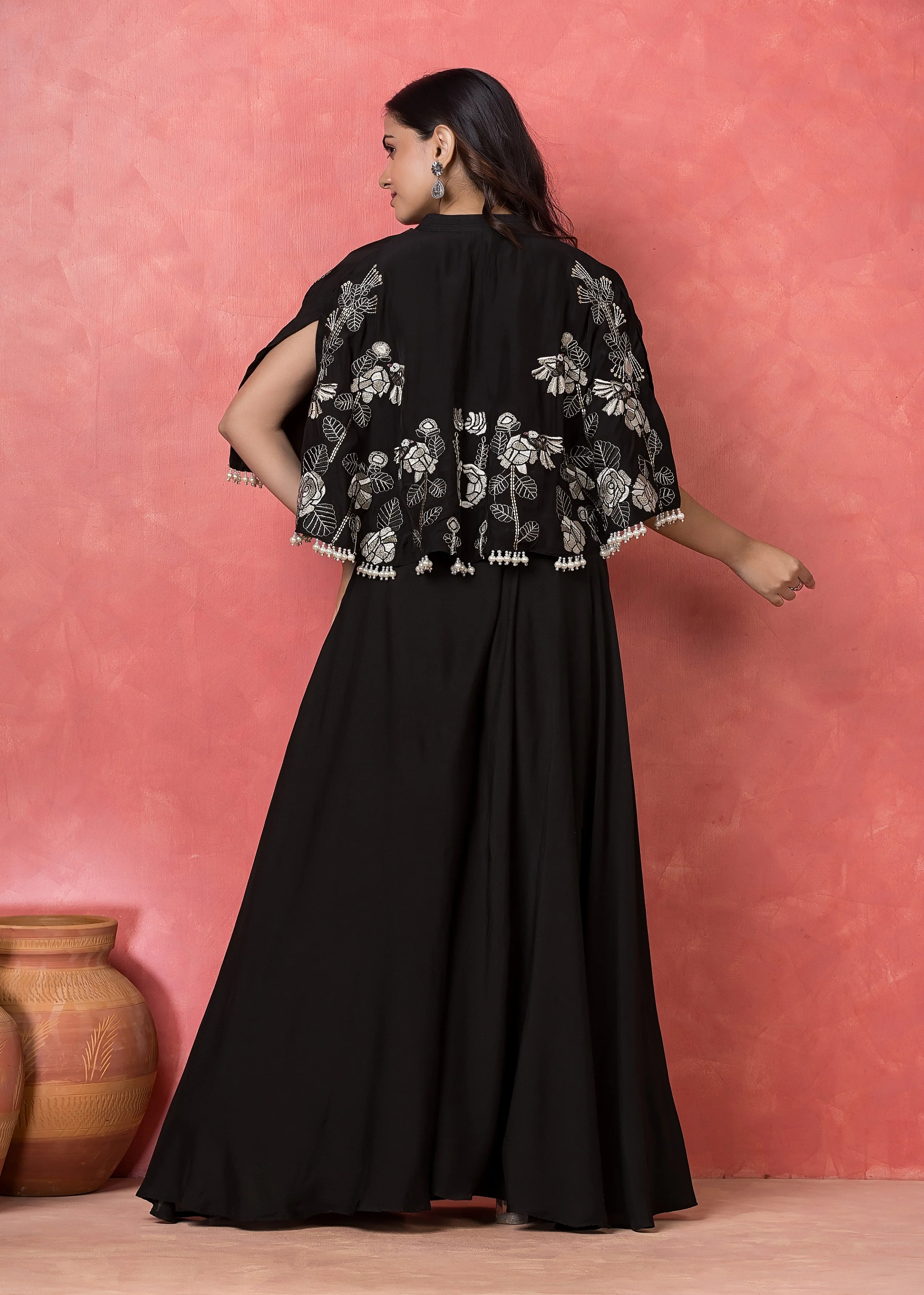 Midnight Black Embroidered Muslin Silk Co-Ord Set - Image 2