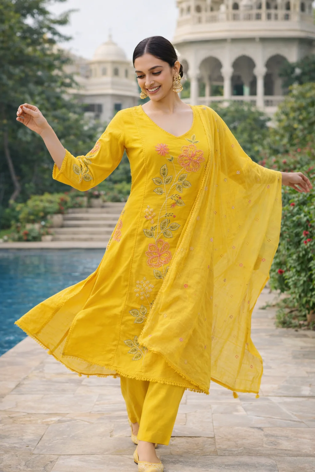 Citron Bloom Embroidered Organic Cotton Pant Set - Image 3