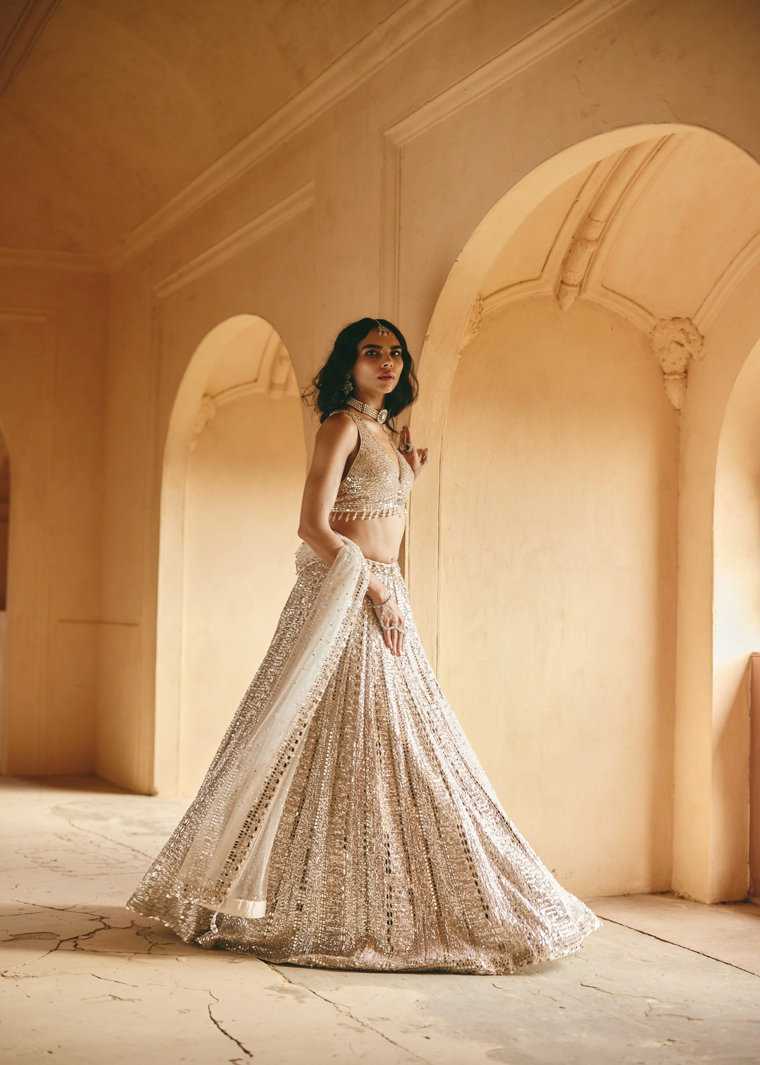 Ivory Silver Mirror-Embellished Premium Net Lehenga Set