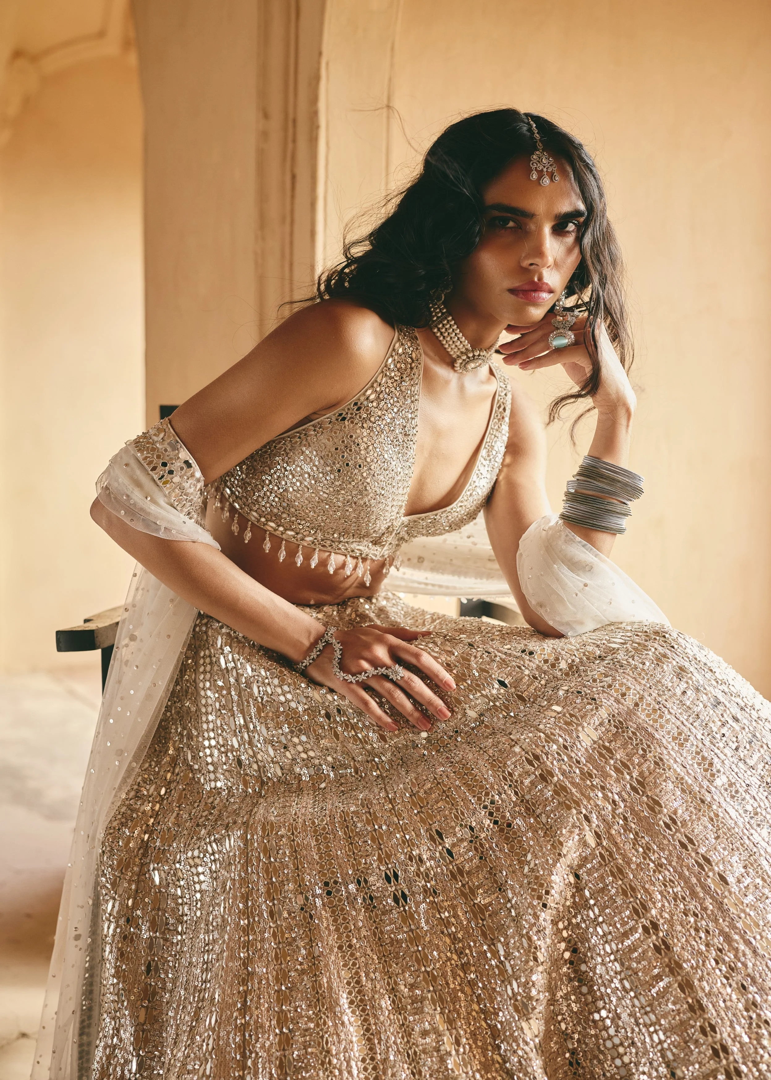 Ivory Silver Mirror-Embellished Premium Net Lehenga Set - Image 2