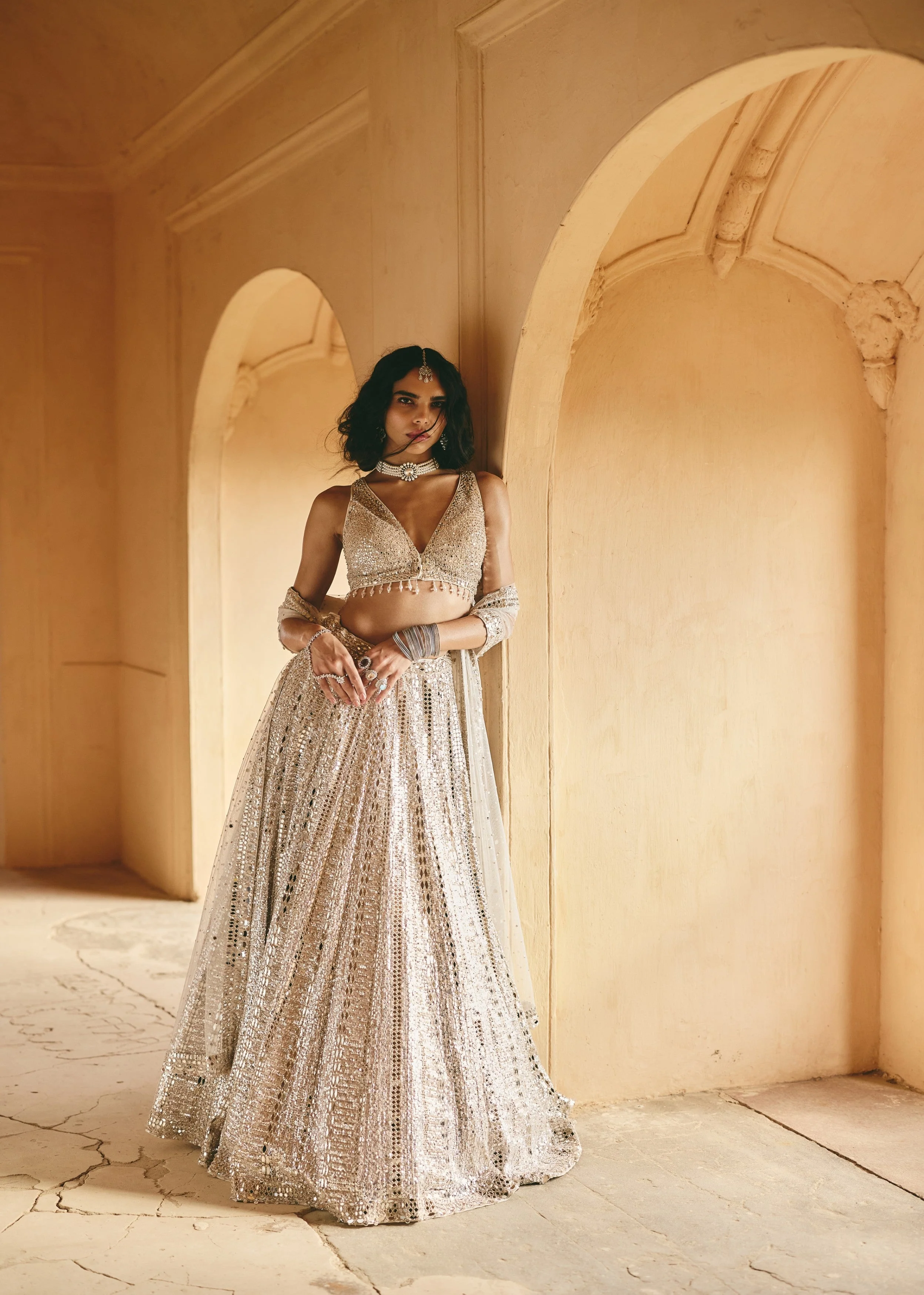 Ivory Silver Mirror-Embellished Premium Net Lehenga Set - Image 3