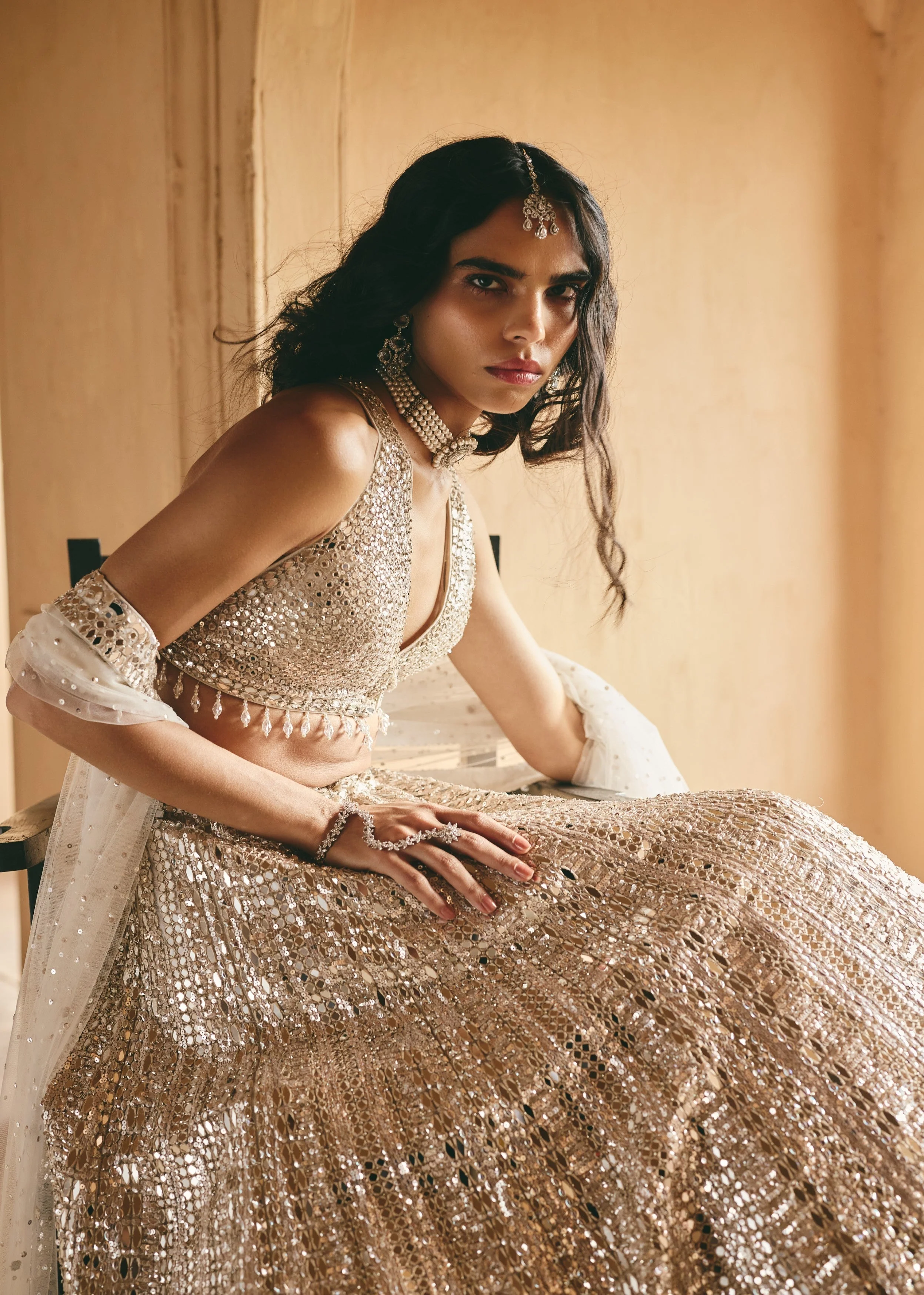 Ivory Silver Mirror-Embellished Premium Net Lehenga Set - Image 4