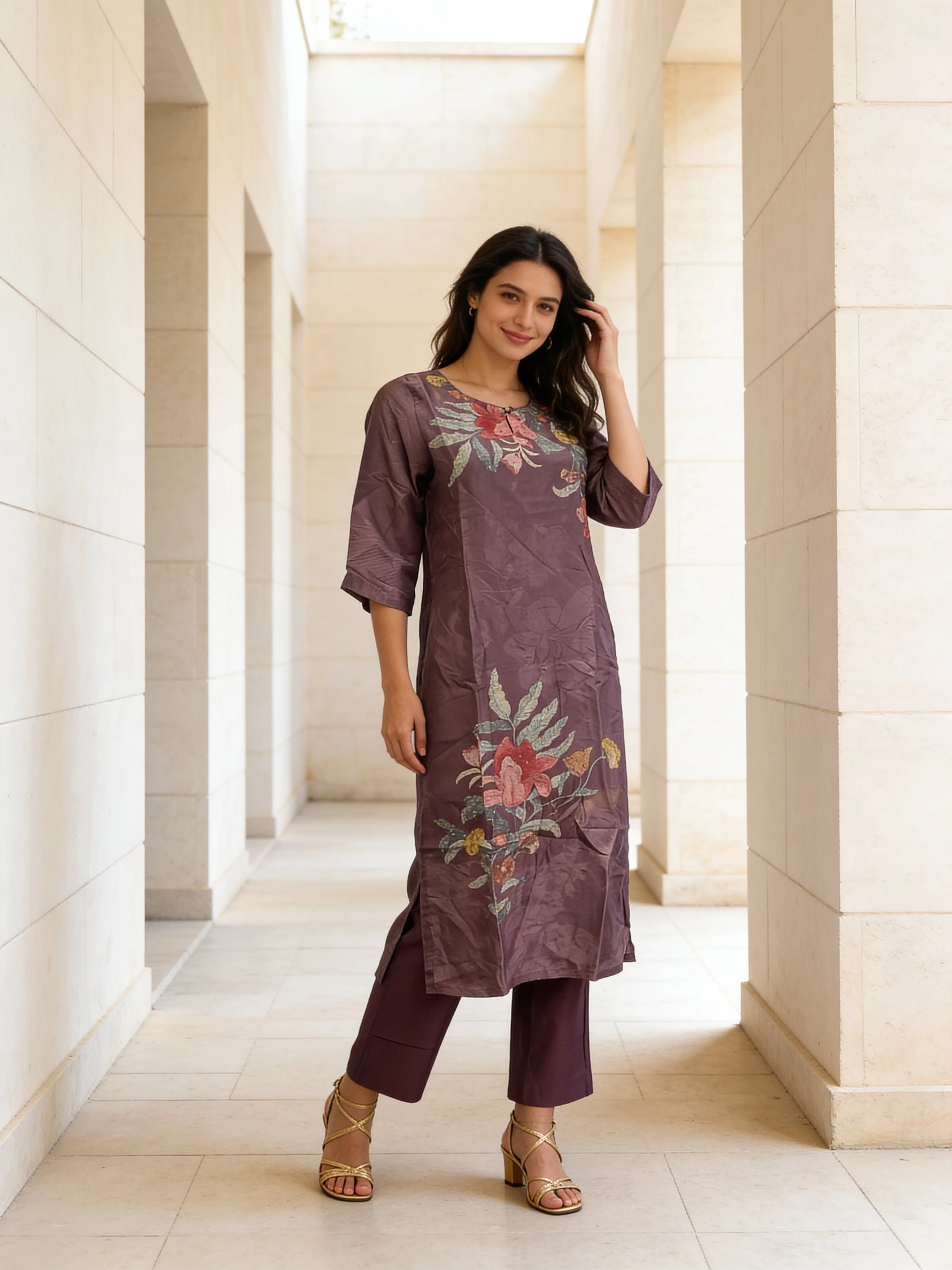 Mauve Printed Crepe Silk Kurta Set - Image 2