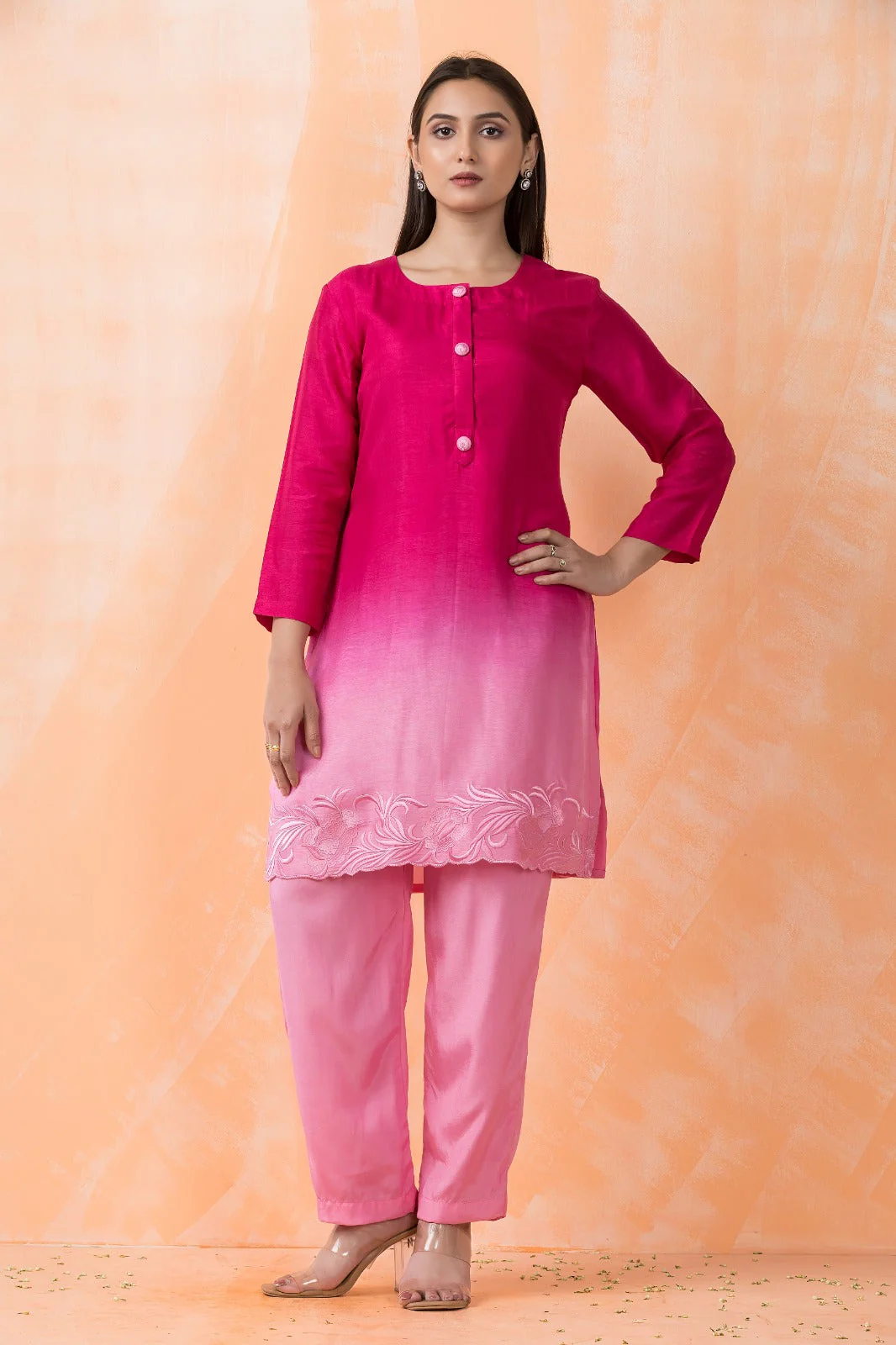 Rose Ombré Embroidered Premium Silk Kurta Set