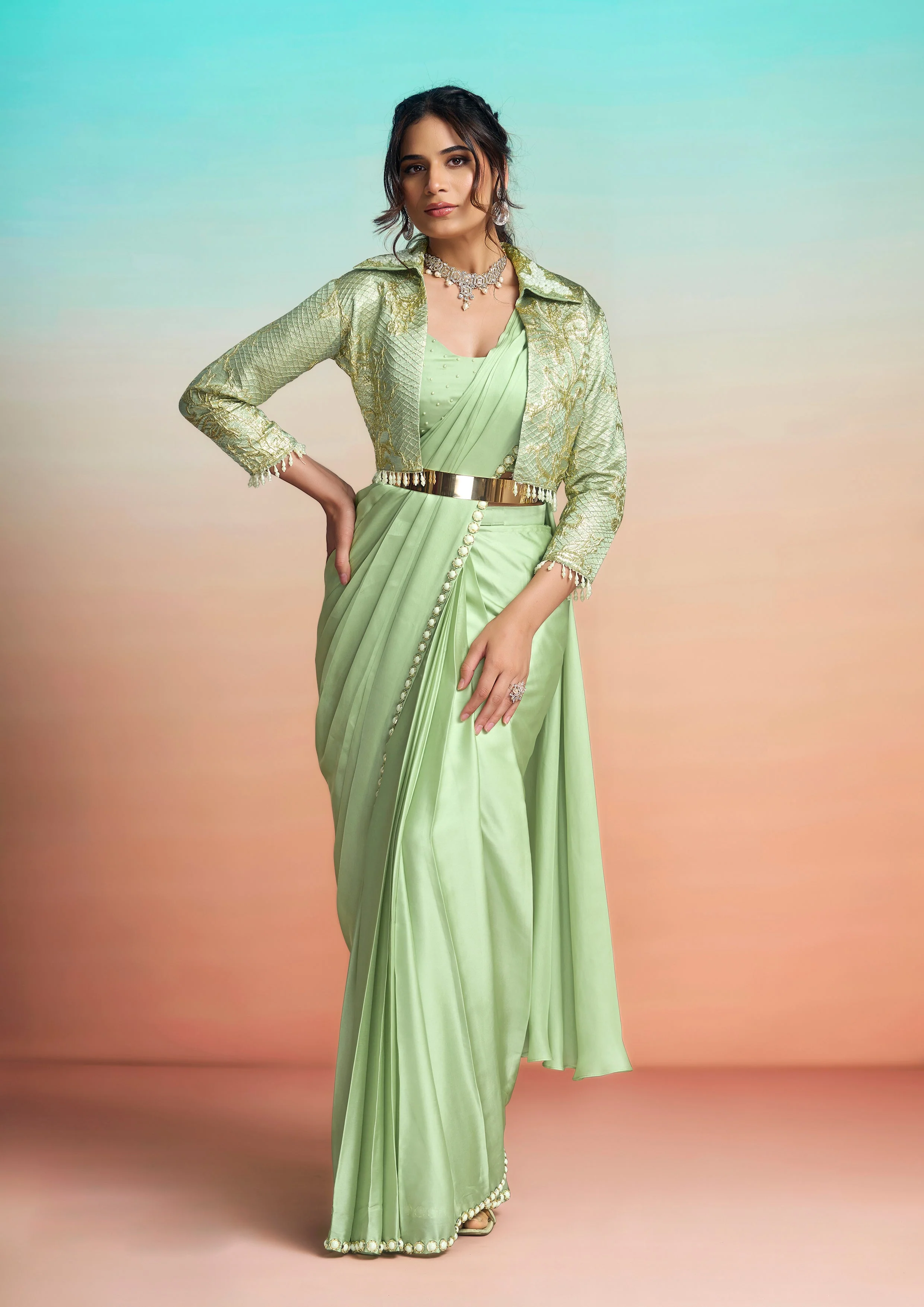 Mint Green Embroidered Satin Silk Draped Saree - Image 3