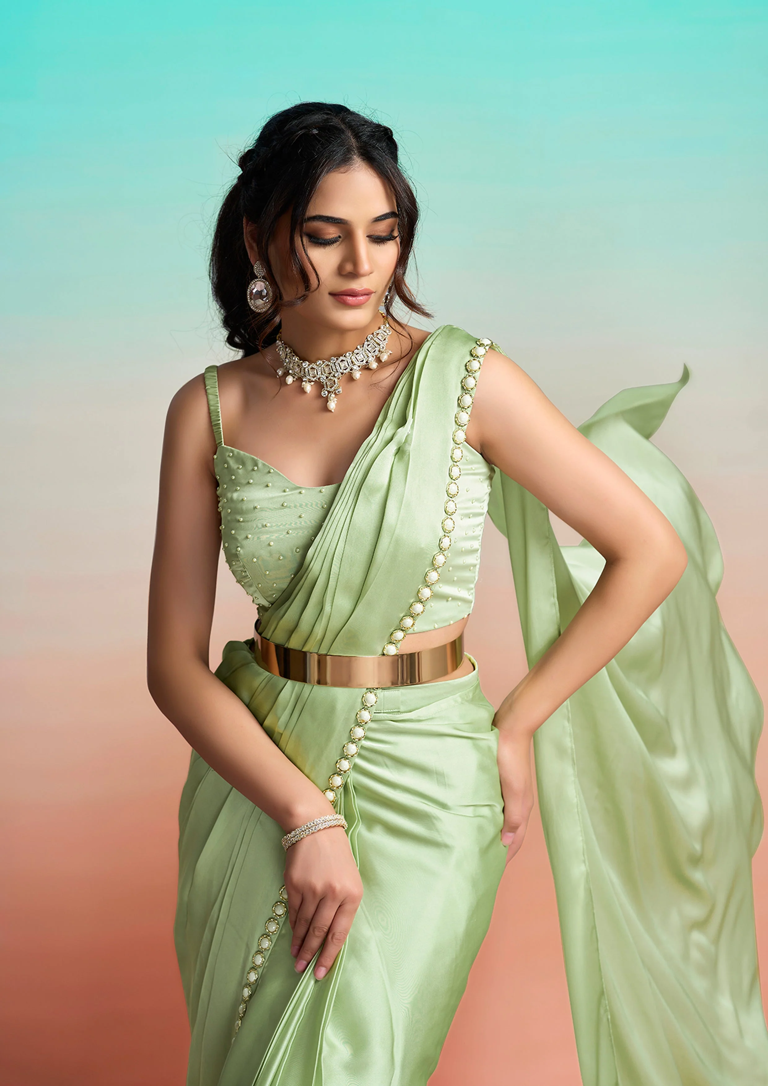 Mint Green Embroidered Satin Silk Draped Saree - Image 4