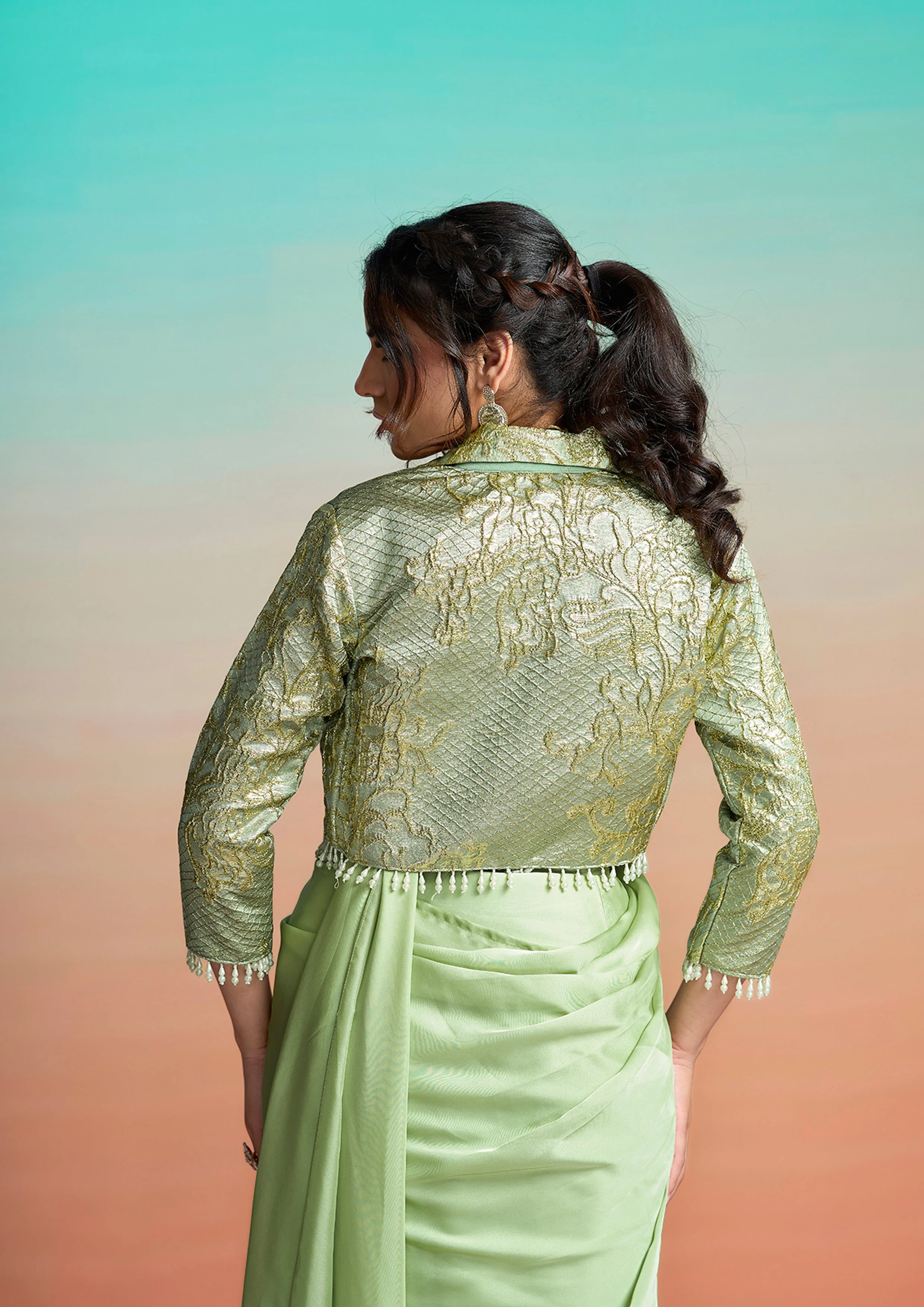 Mint Green Embroidered Satin Silk Draped Saree - Image 5