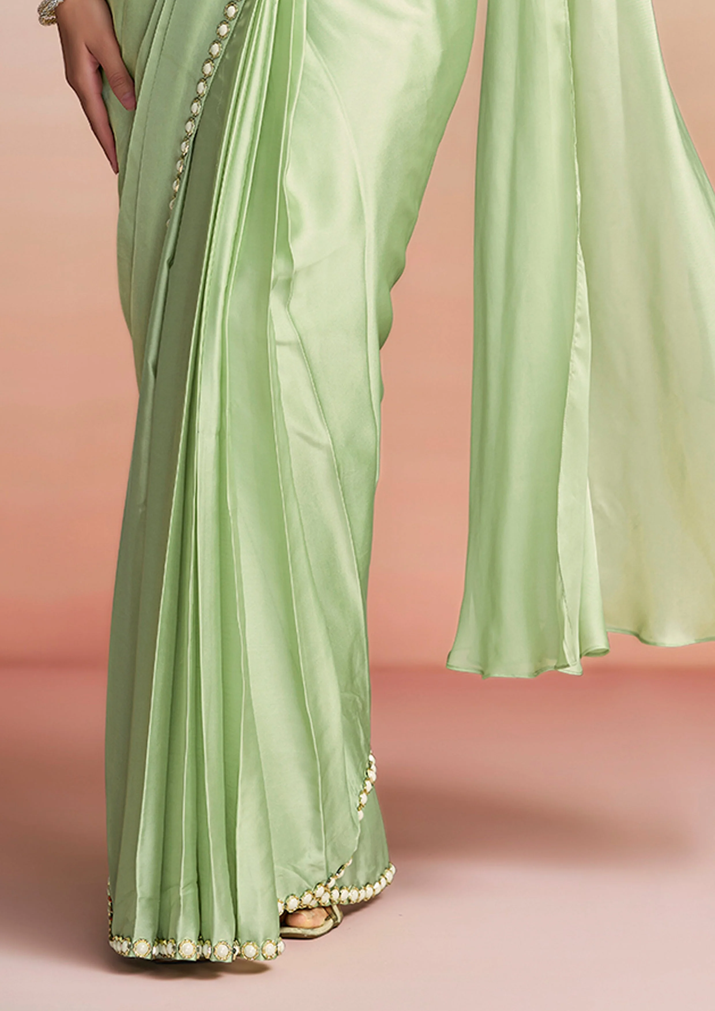Mint Green Embroidered Satin Silk Draped Saree - Image 6
