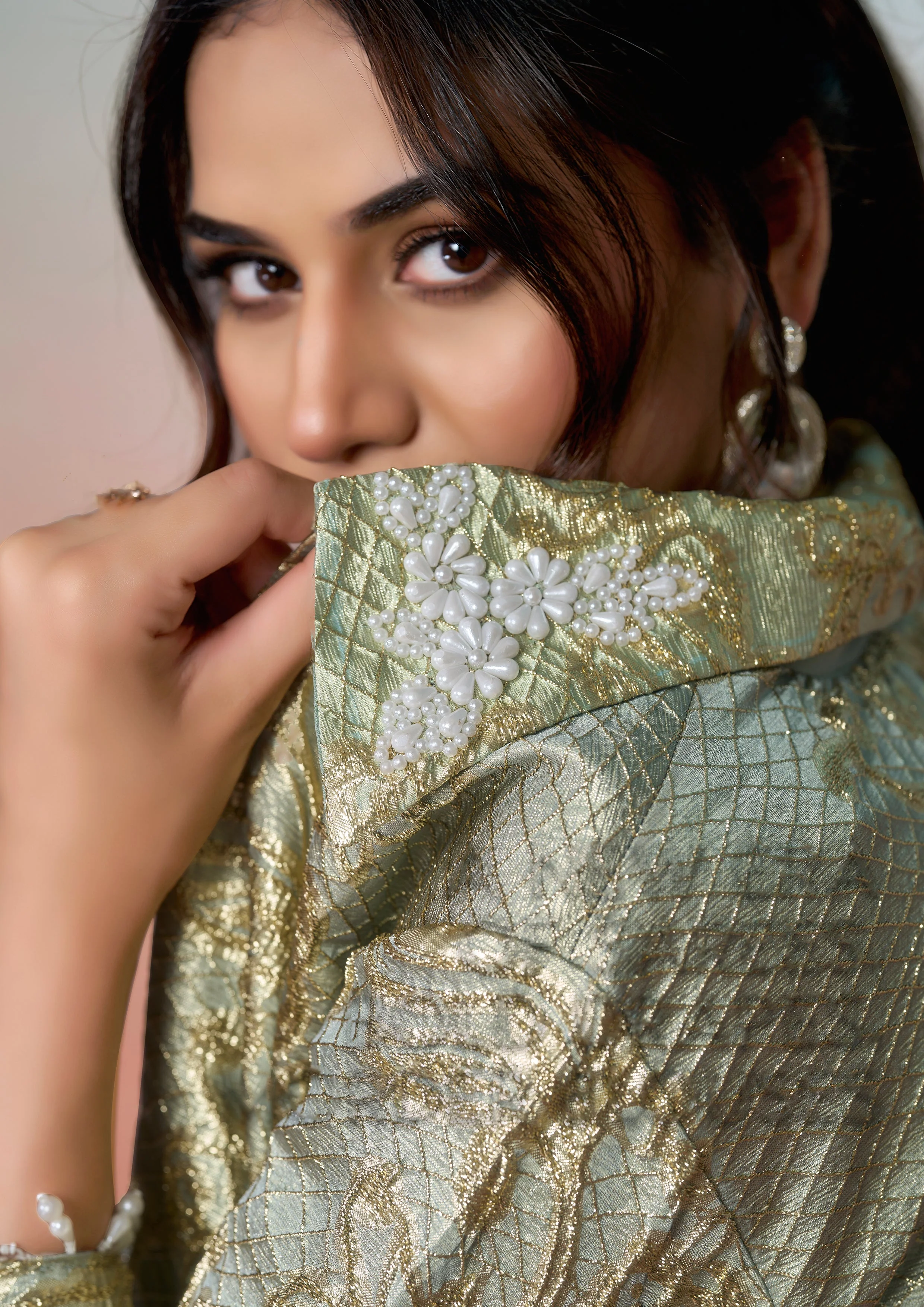 Mint Green Embroidered Satin Silk Draped Saree - Image 7