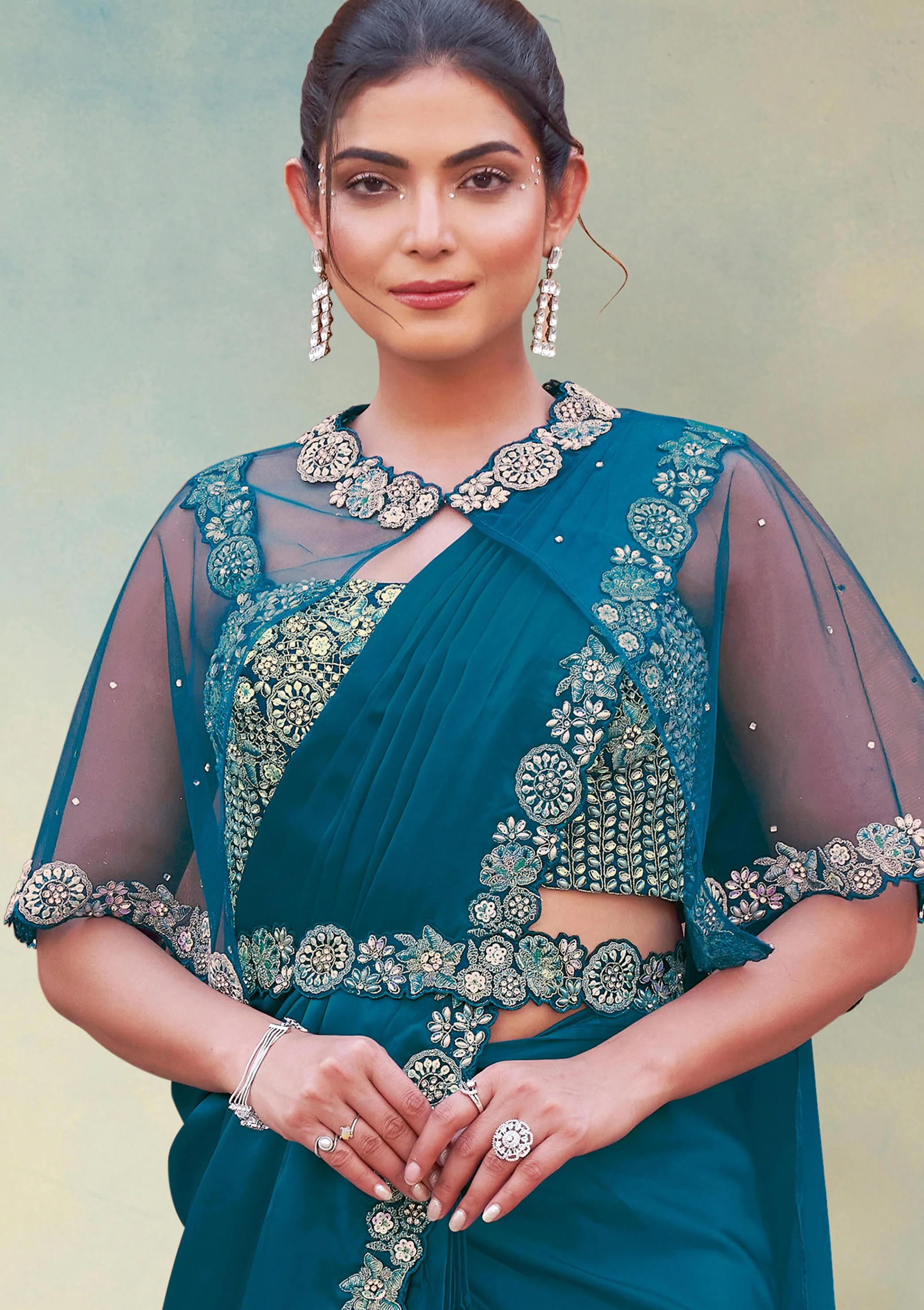 Sapphire Embellished Crepe Satin Silk Draped Saree - Image 2