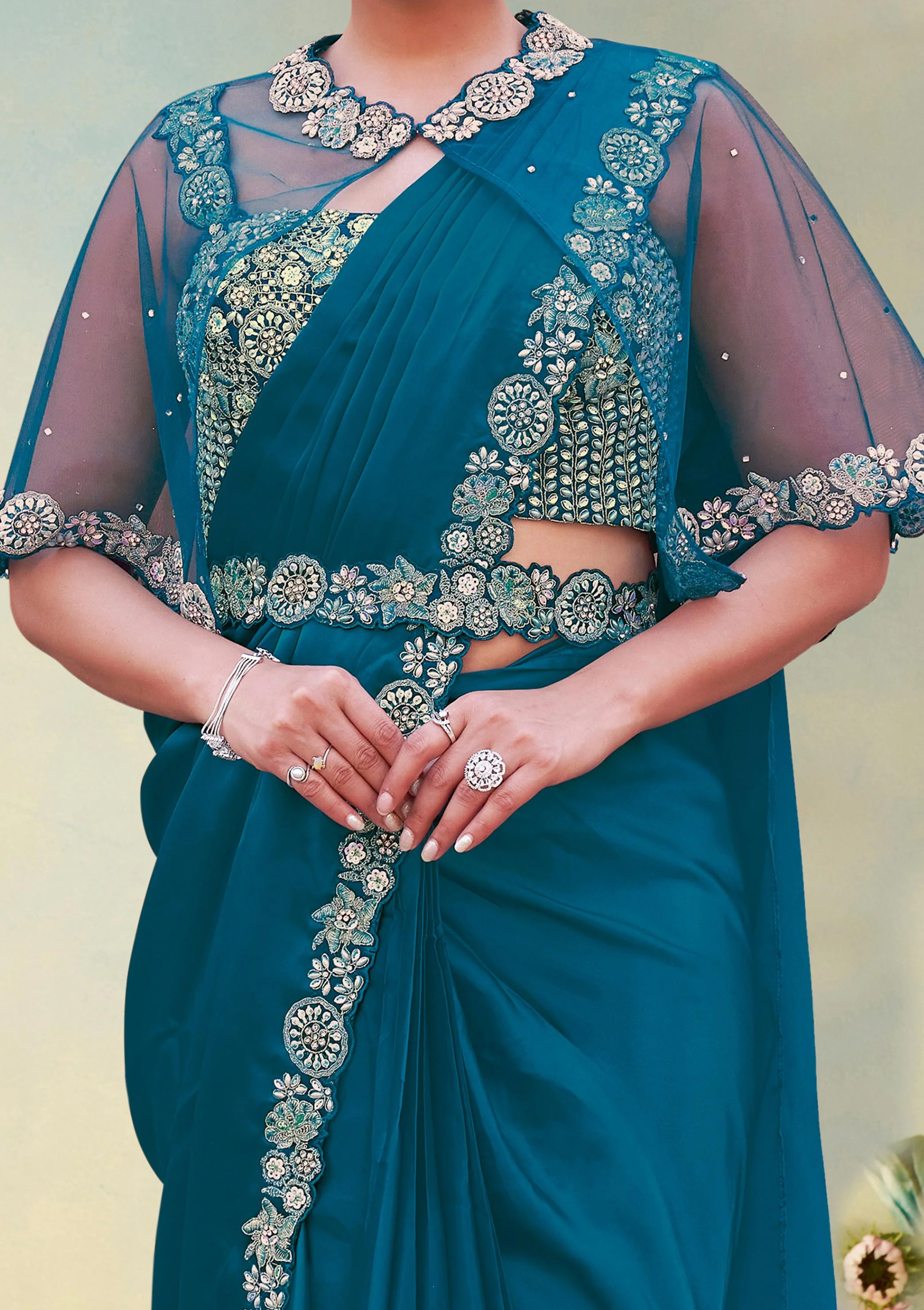Sapphire Embellished Crepe Satin Silk Draped Saree - Image 3