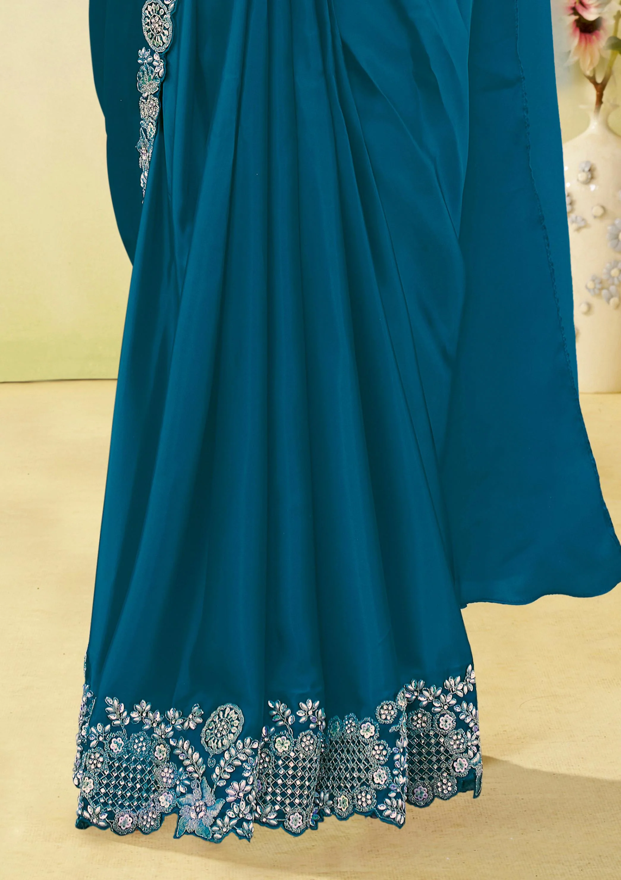 Sapphire Embellished Crepe Satin Silk Draped Saree - Image 4